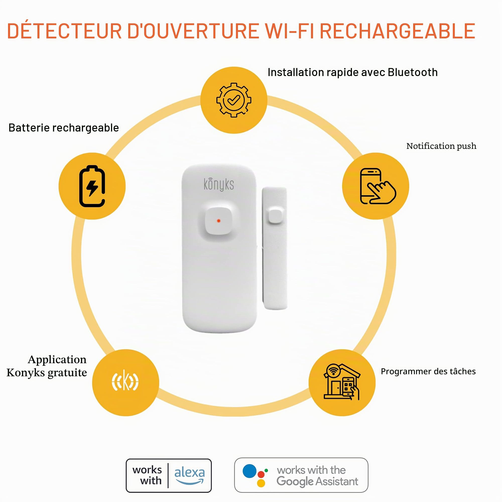 Détecteur de fumée connecté Wi-FI, Konyks Firesafe 2, Notifications en Temps réel sur Smartphone & Senso Charge 2, Lot de 2 Détecteurs d'ouverture Wi-FI avec Batterie Rechargeable