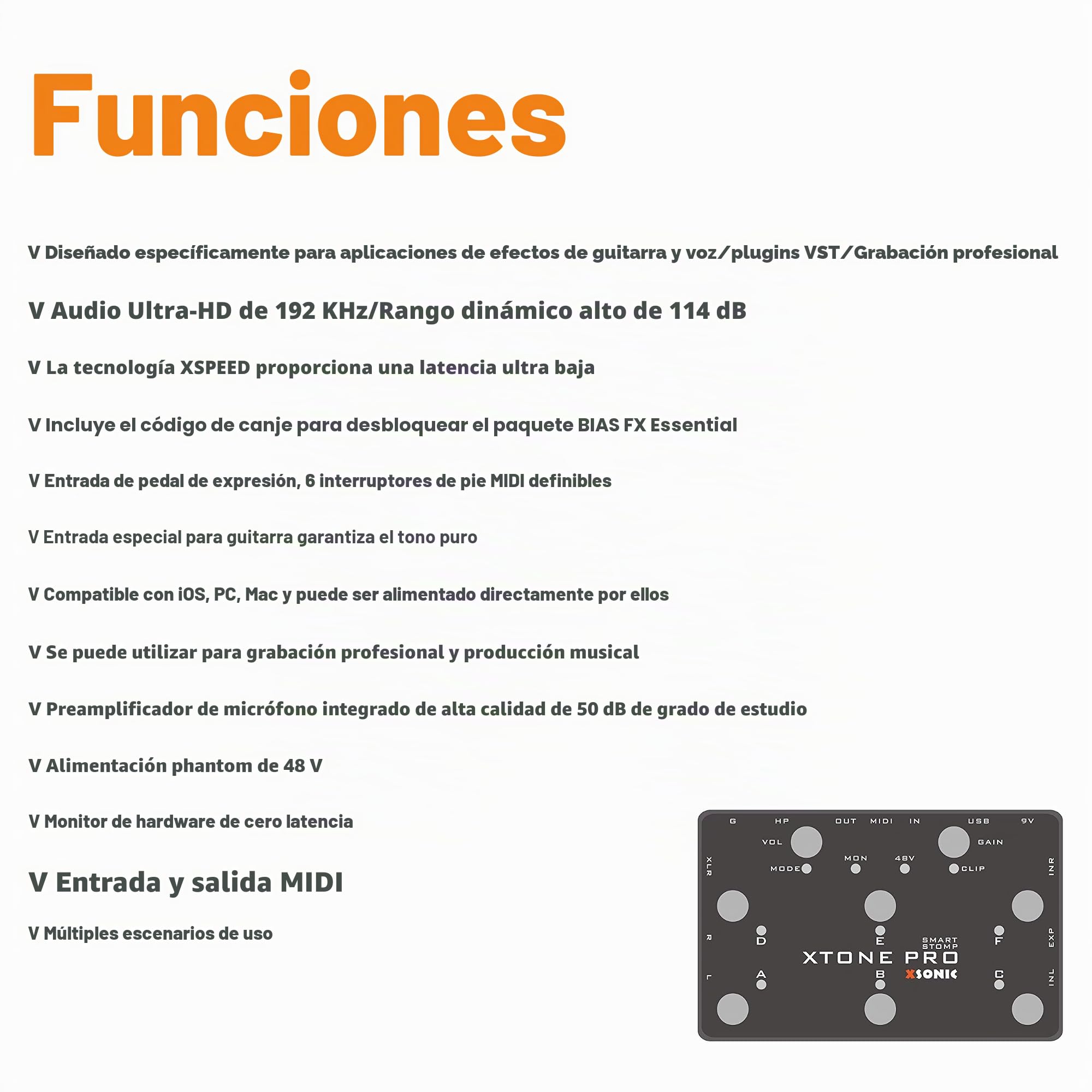 XSONIC Xtone Pro Interfaz de audio móvil profesional, latencia ultrabaja, 192 KHz y 114 dB, 2 entradas, 3 salidas, entrada EXP, iOS, Windows, Mac, interfaz de audio para Live Gig, Home Studio