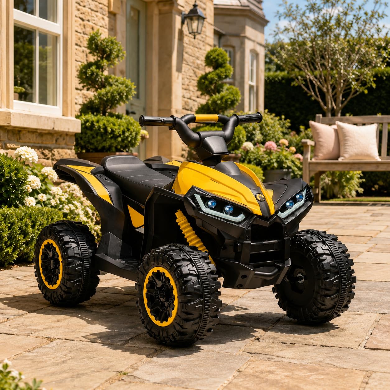 GarveeMore 12V Kids Electric Quad Bike, Ride on ATV Toy with Remote Control, Music, Bluetooth, LED Lights, Horn, EVA Tyres, 4-Wheel Suspension, for Ages 3-5, 83x53x56cm, Yellow