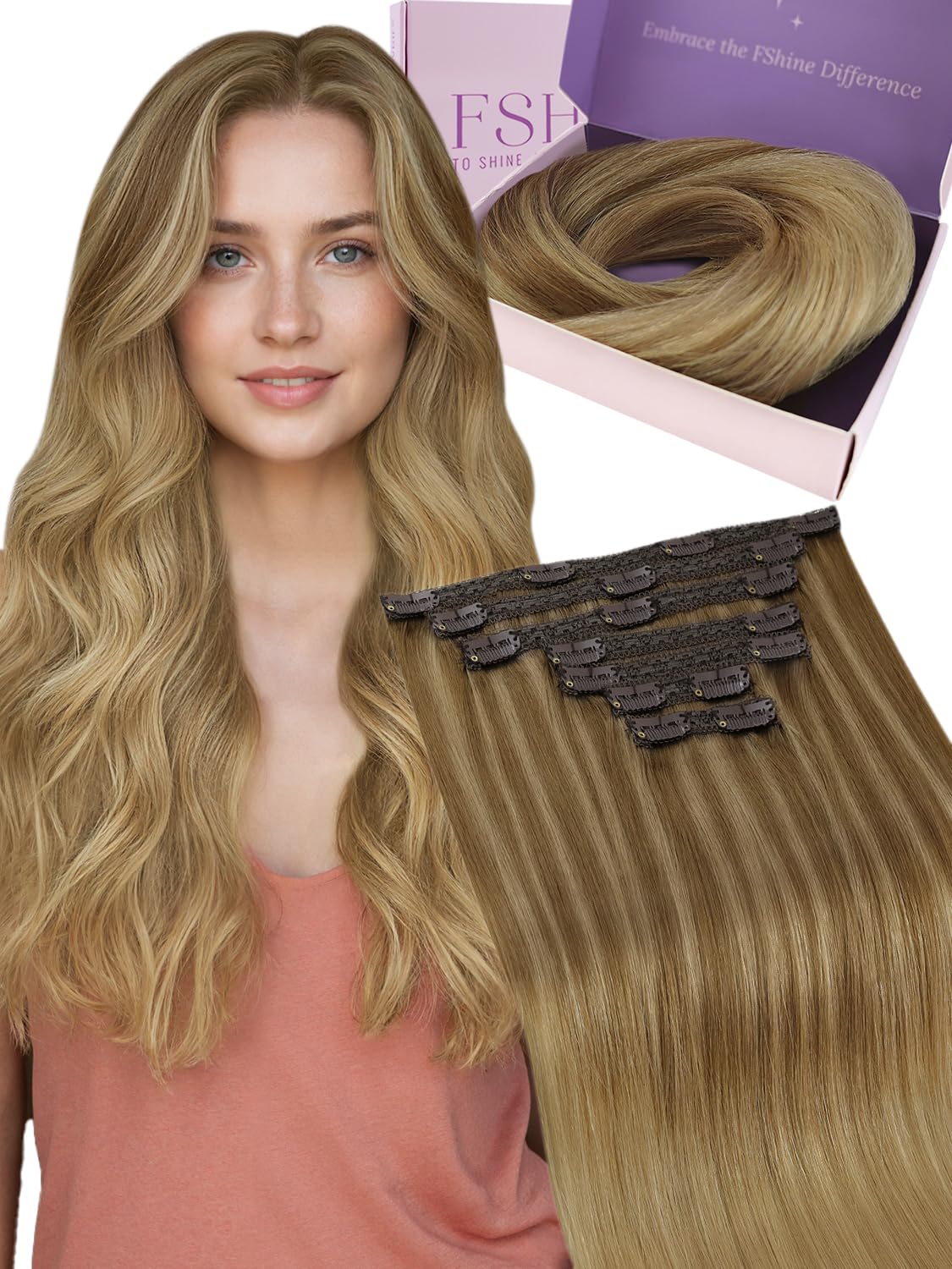 Fshine Clip Extensiones Humano 22 Pulgadas 55CM 120g Extensiones de Pelo Rubio Blanco Remy Hair Clip in Extensiones 7 Piezas Color 60 Extensiones de Cabello Natural Color 60 — view 34