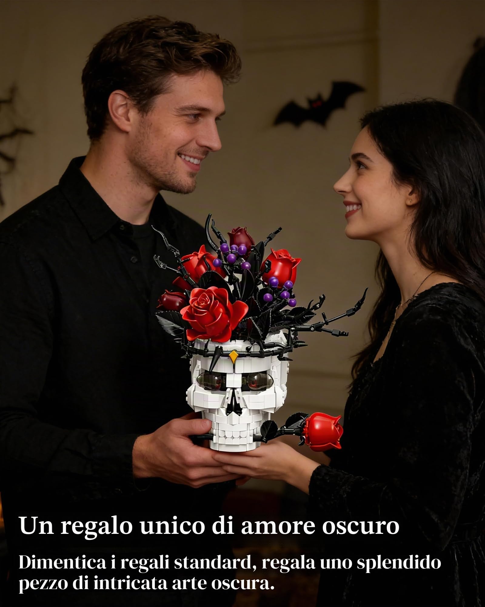 Set di Costruzione Teschio Gotico con Rosa in Bocca – Decorazione Estetica per Adulti, Centrotavola Dark Academia, Compatibile con Fiori Lego e Set Horror, San Valentino e Halloween