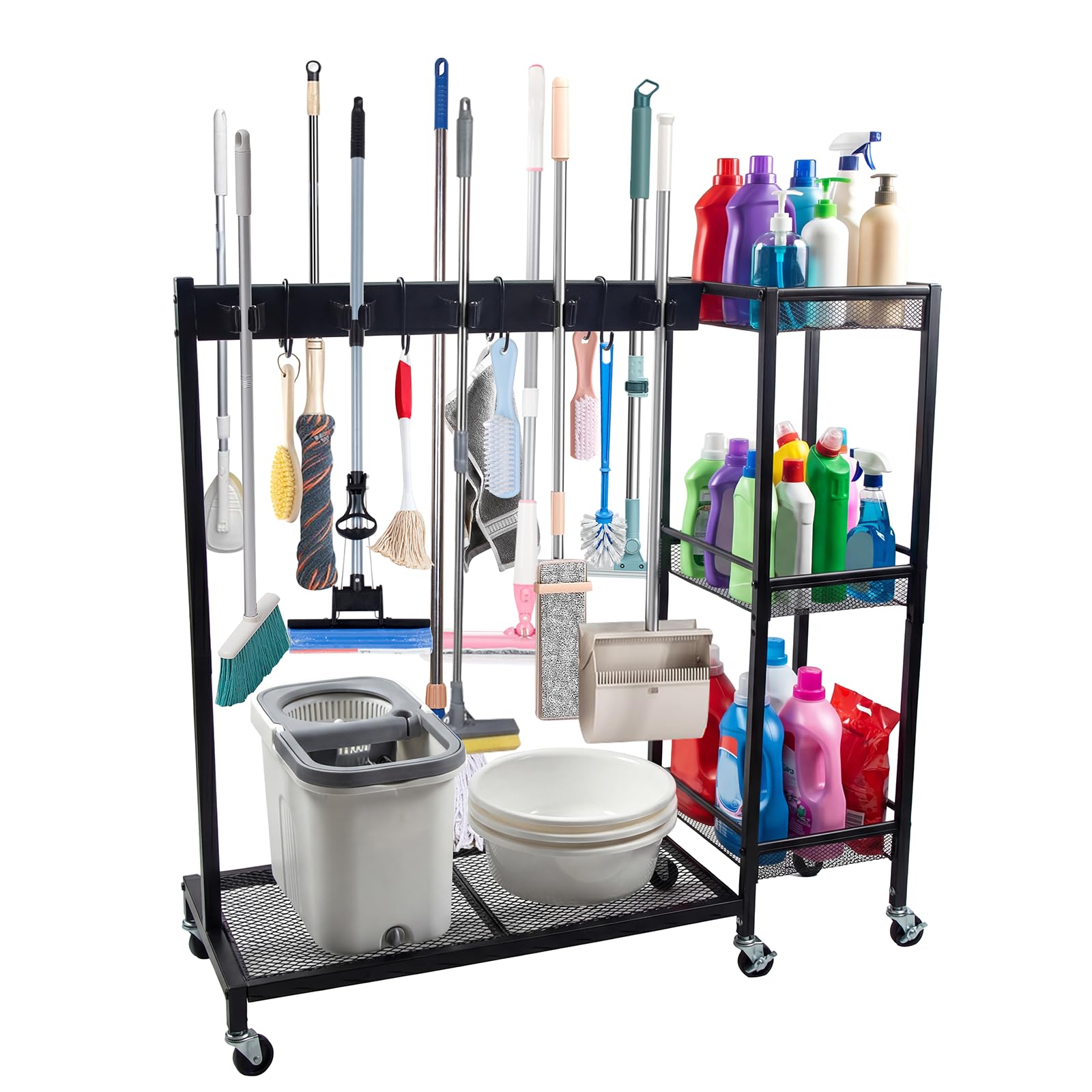 Soporte para escobas con organizador de suministros de limpieza, soporte para escobas y fregonas, carrito de limpieza móvil 2 en 1 con almacenamiento de fregona con estantes de 3 niveles, carrito de