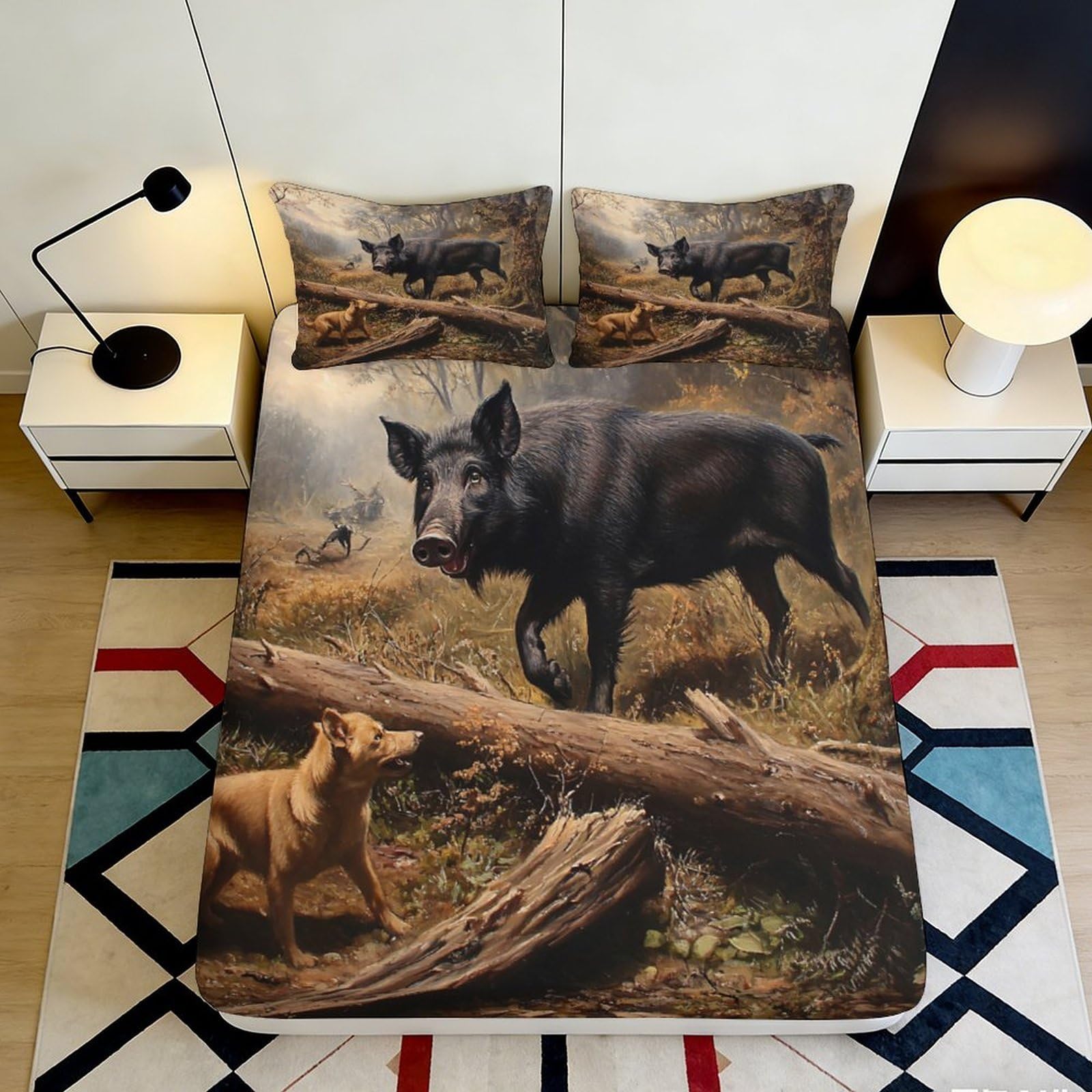 3D Printed Wild Boar Forest Fitted Sheet Microfiber Soft Animal Dog Bed Cover for Bedroom Guest Room Mattress Protection Decor 200x200x25cm