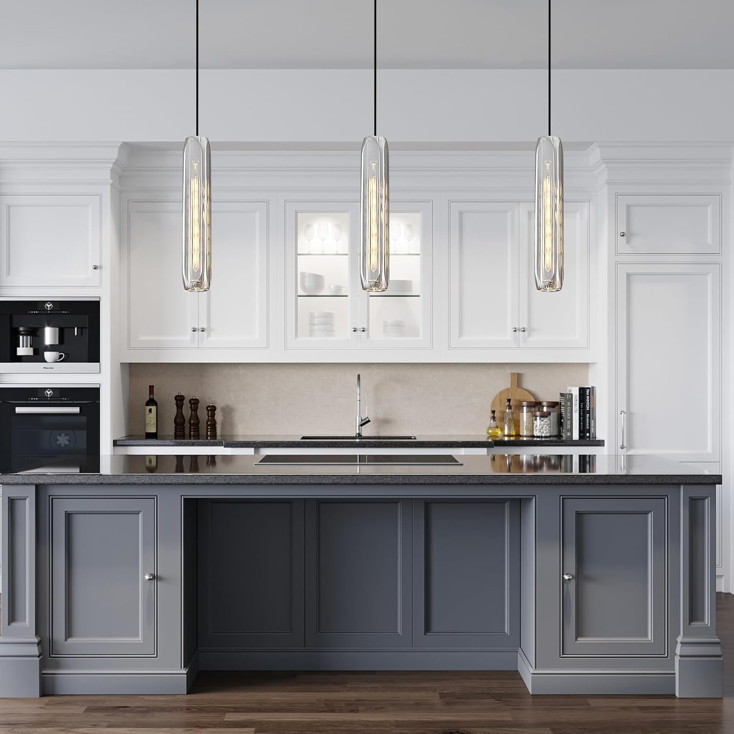 Modern Matte Black Crystal Pendant Light – Adjustable Ceiling Lamp with Dimmable LED Bulbs, Energy-Efficient Lighting for Kitchen Island, Dining Room, Bathroom, and Bedroom (14.95", 2 Bulbs)