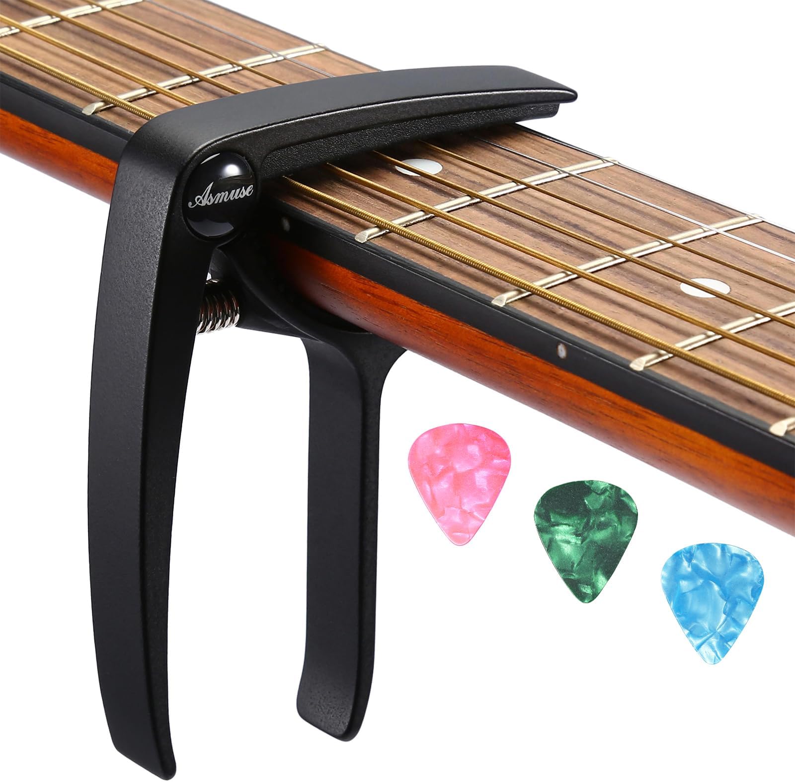 Asmuse Guitar Capo 3 Plectrums Unique One-Hand Use Quick Change Aluminium Alloy Black Capos for Ukulele Acoustic Electric Bass Guitar