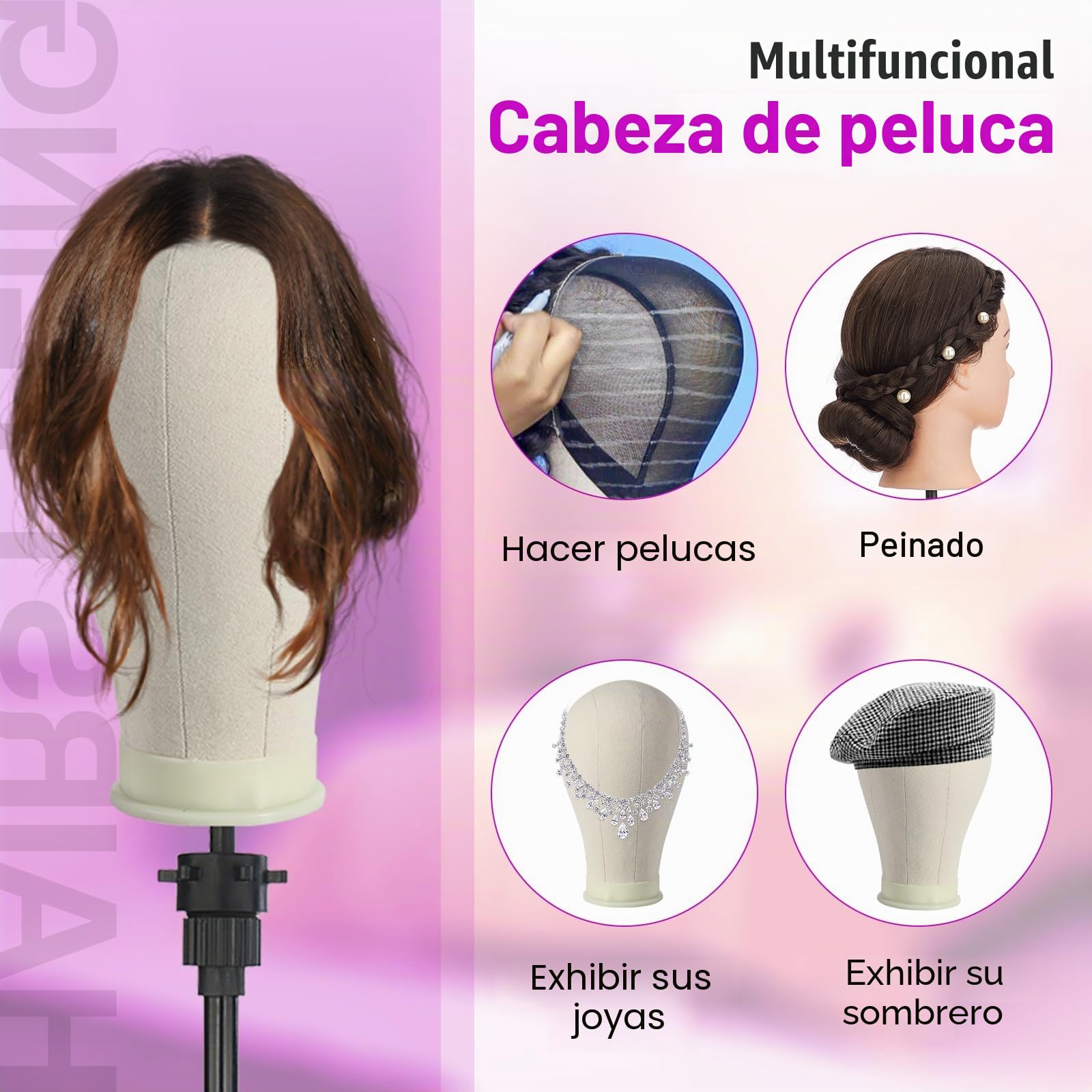 Neverland 56 cm Cabeza Maniquí de Lona para Pelucas con Trípode, Blanco | Cabeza de Lona para para hacer y peinar pelucas, Trípode ajustable incluido, Incluye alfileres y cepillo de pelo
