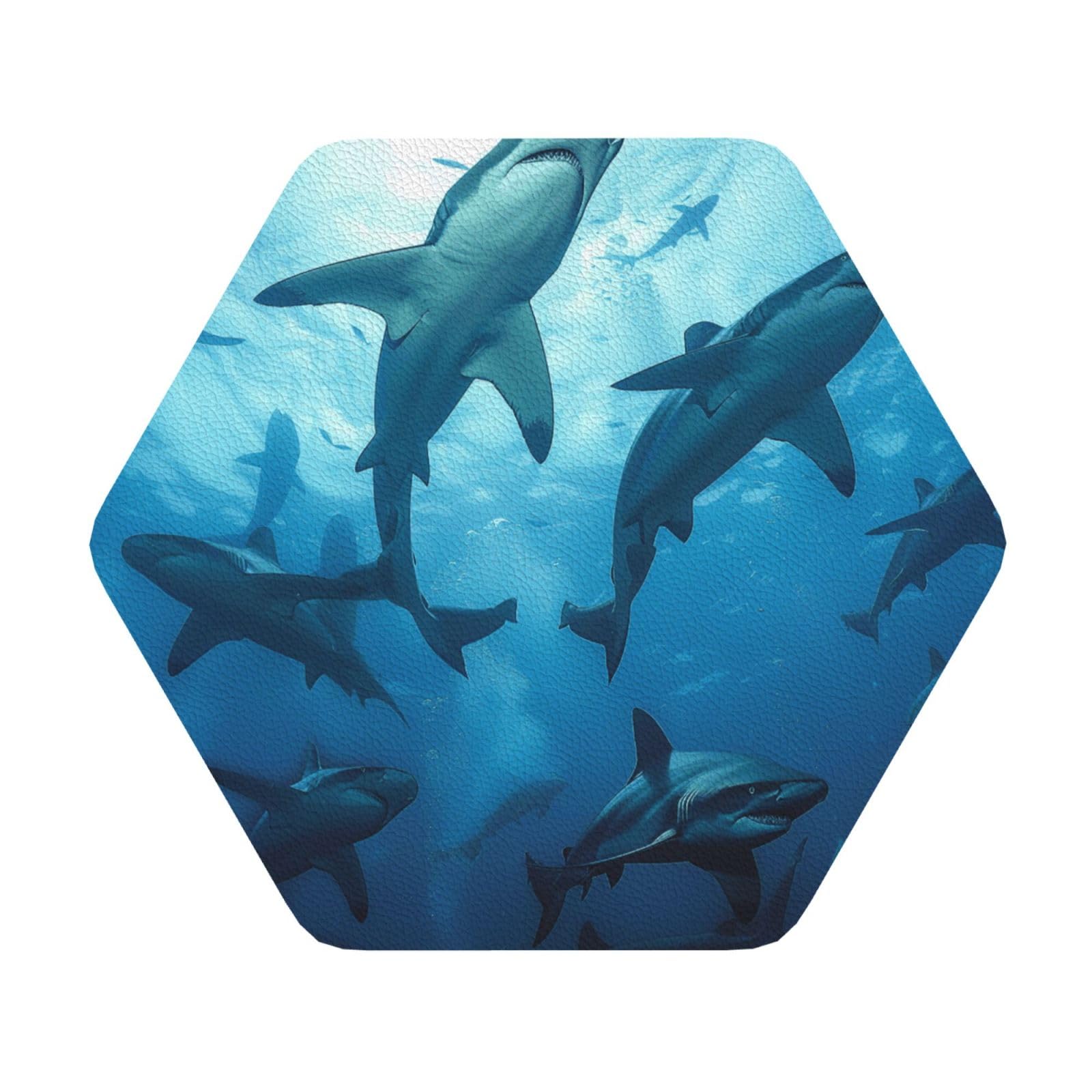 Hammerhead Sharks Printed Coasters for Drinks, Leather Coaster Sets of 4, Funny Coffee Cup Coaster, Absorbent Coaster for Home and Office Kitchen Bar Hexagon