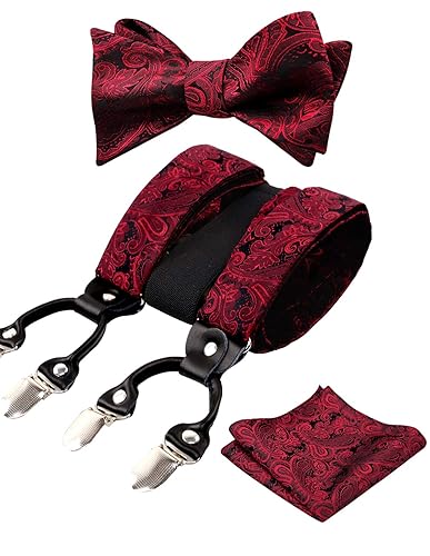 Alizeal Paisley Suspenders and Self Tied Bow Tie for Men with Pocket Square Set - Maroon