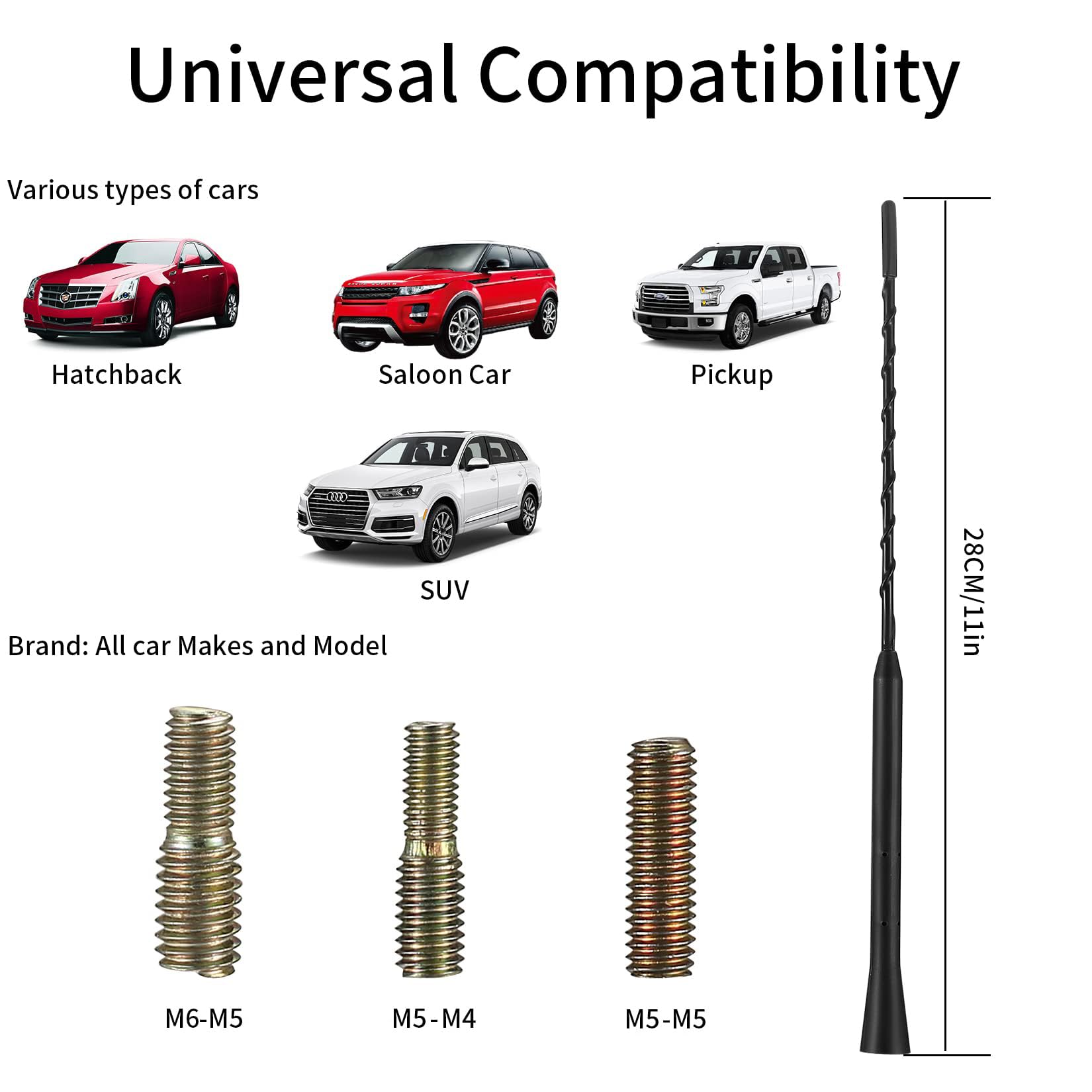 Antenna Auto Universale 28cm AM/FM - Gomma Flessibile, Con Viti M4 M5 M6, Per Autoradio - Foto 6