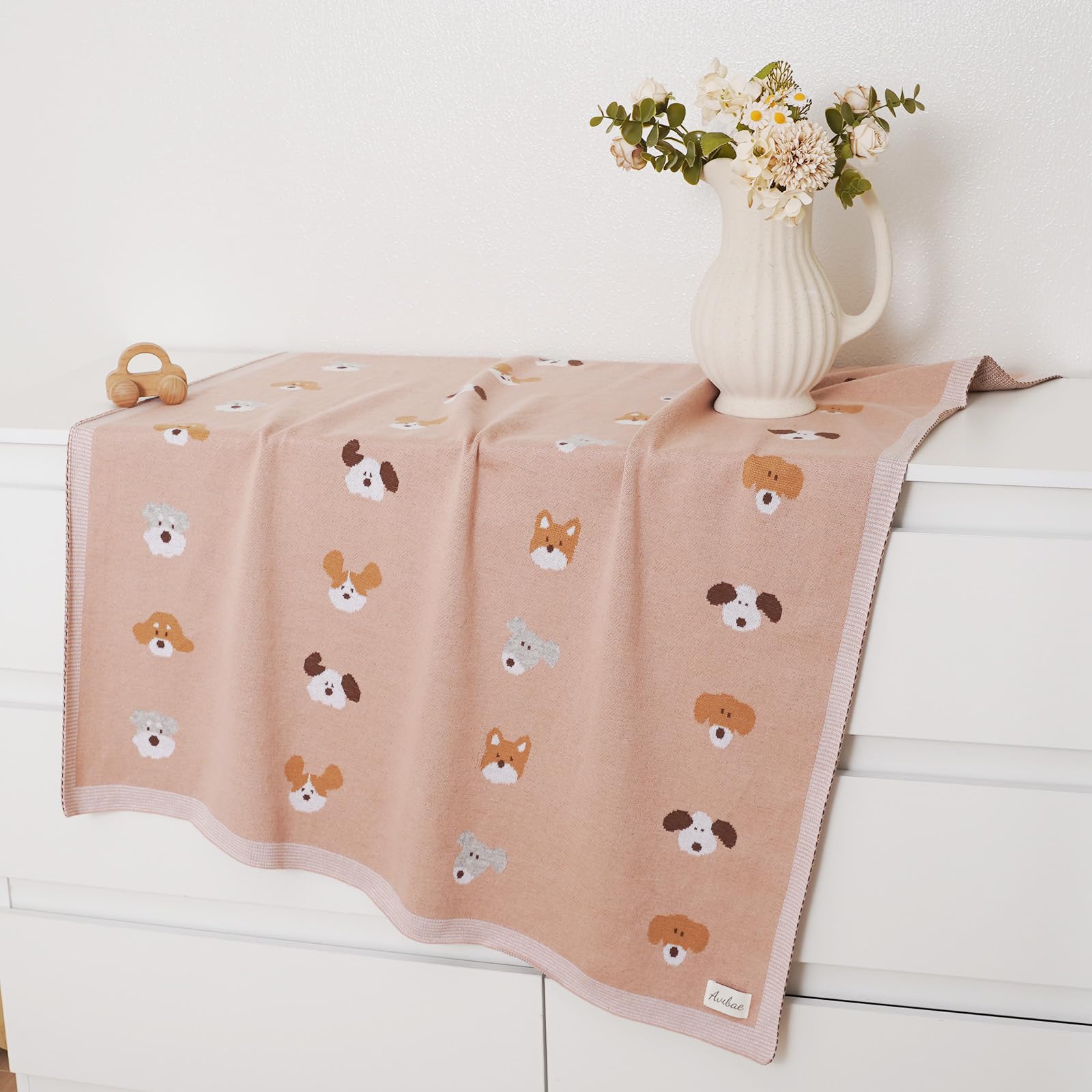 Avibae Cotton Baby Blanket for Newborns Soft Knitted Receiving Blanket for Pram and Cot with Cute Dog Pattern 100x80cm - Image 4