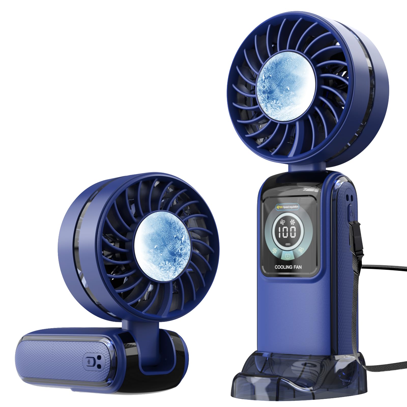 RaMokey Handheld Fan Rechargeable, 5 Speeds Portable Turbo Fan with Ice Cooling, Foldable Small Personal Fan, USB Electric Mini Fan for Travel Home Office Outdoor – Dark Blue