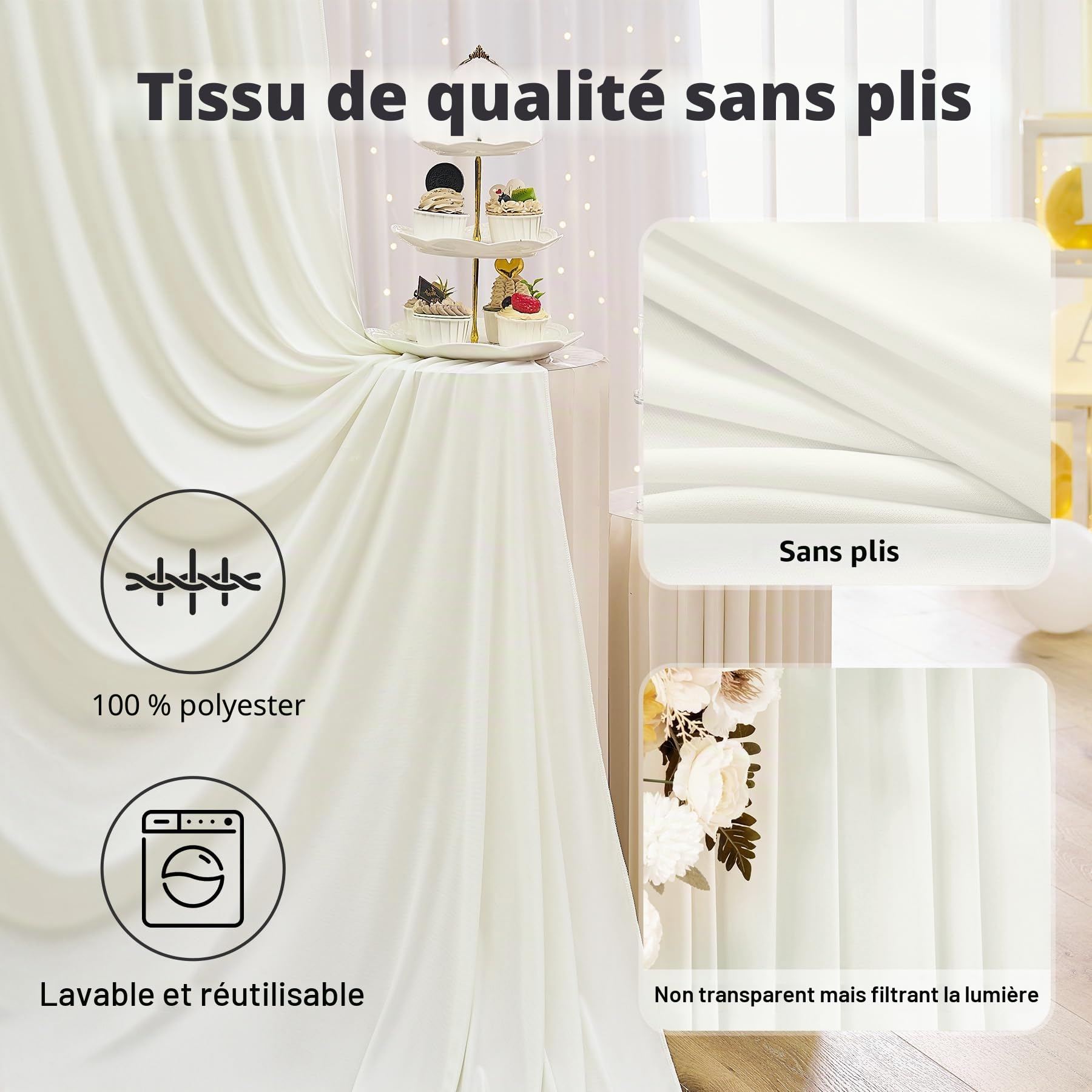 NSSONBEN Toile de fond sans plis de 15,2 m x 2,4 m en ivoire pour les fêtes, 10 panneaux de 1,5 m x 2,4 m en polyester soyeux pour mariage, toile de fond pour photographie de baptême et d’anniversaire