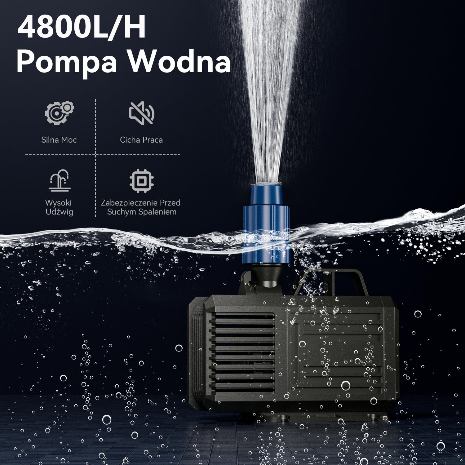 Pompa akwariowa 4800L/H (MAX) 85W Pompa wodna, Amfibia pompa stawowa z 2 dyszami, do stawów, skalniaków, ogrodów, Pompa zanurzeniowa Maksymalna wysokość podnoszenia 3.8 m