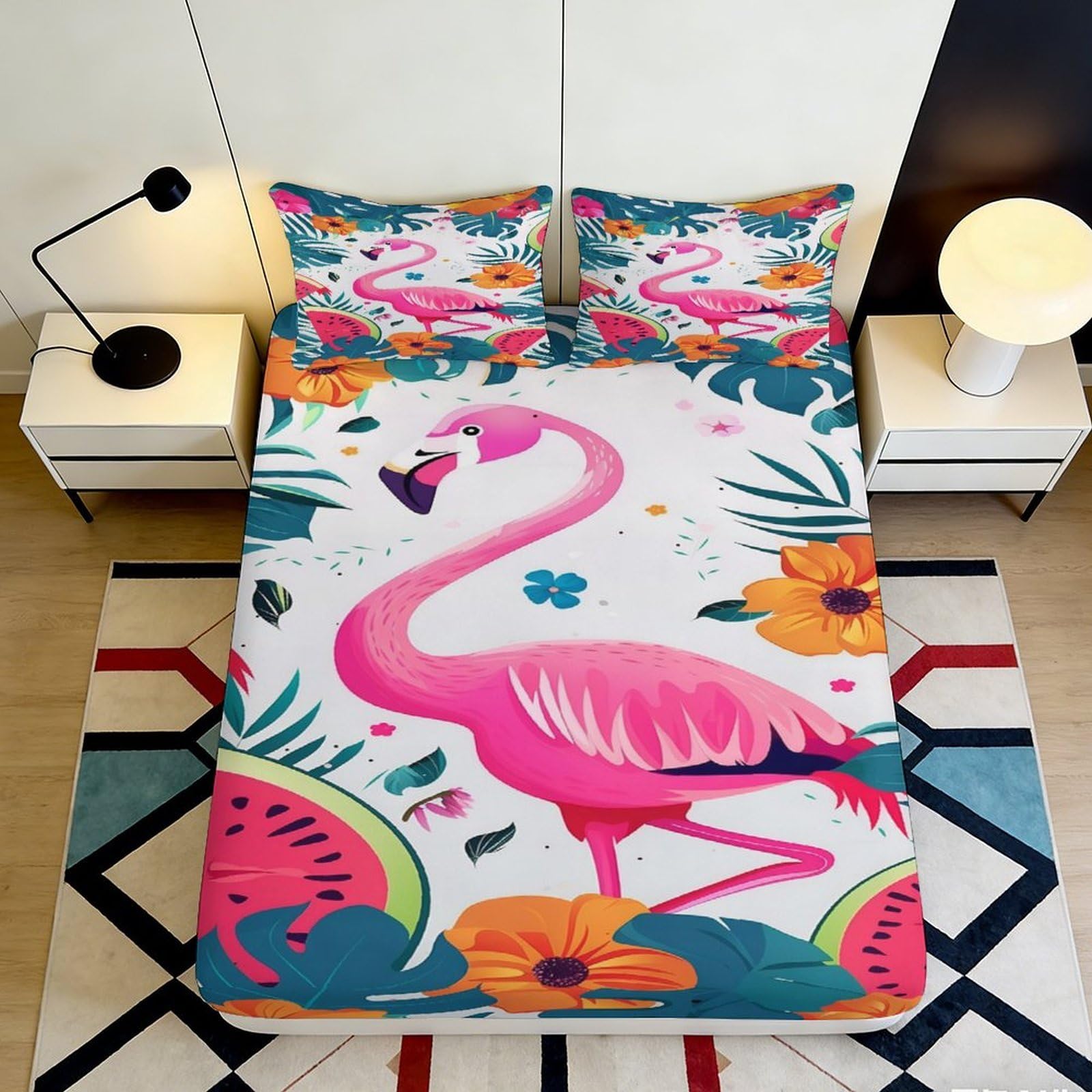 3D Printed Flamingo Pattern Fitted Sheet Microfiber Soft Breathable Tropical Flowers Bed Cover for Bedroom Dormitory Guest Room Mattress Protection 90x200x25cm