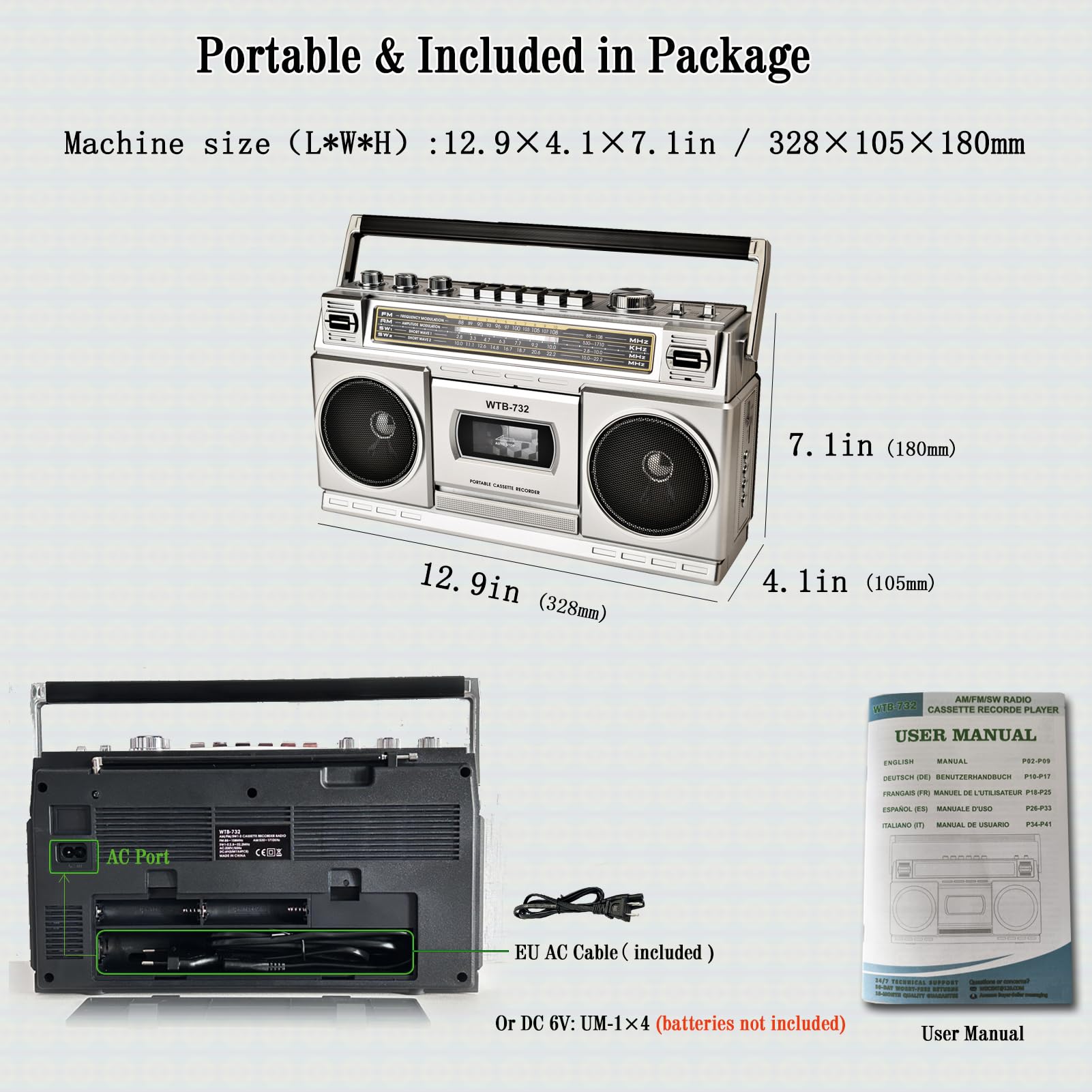 Boombox Rétro Années 80 Bluetooth Lecteur Cassette Radio AM/FM/OC 24W Portable USB Micro SD