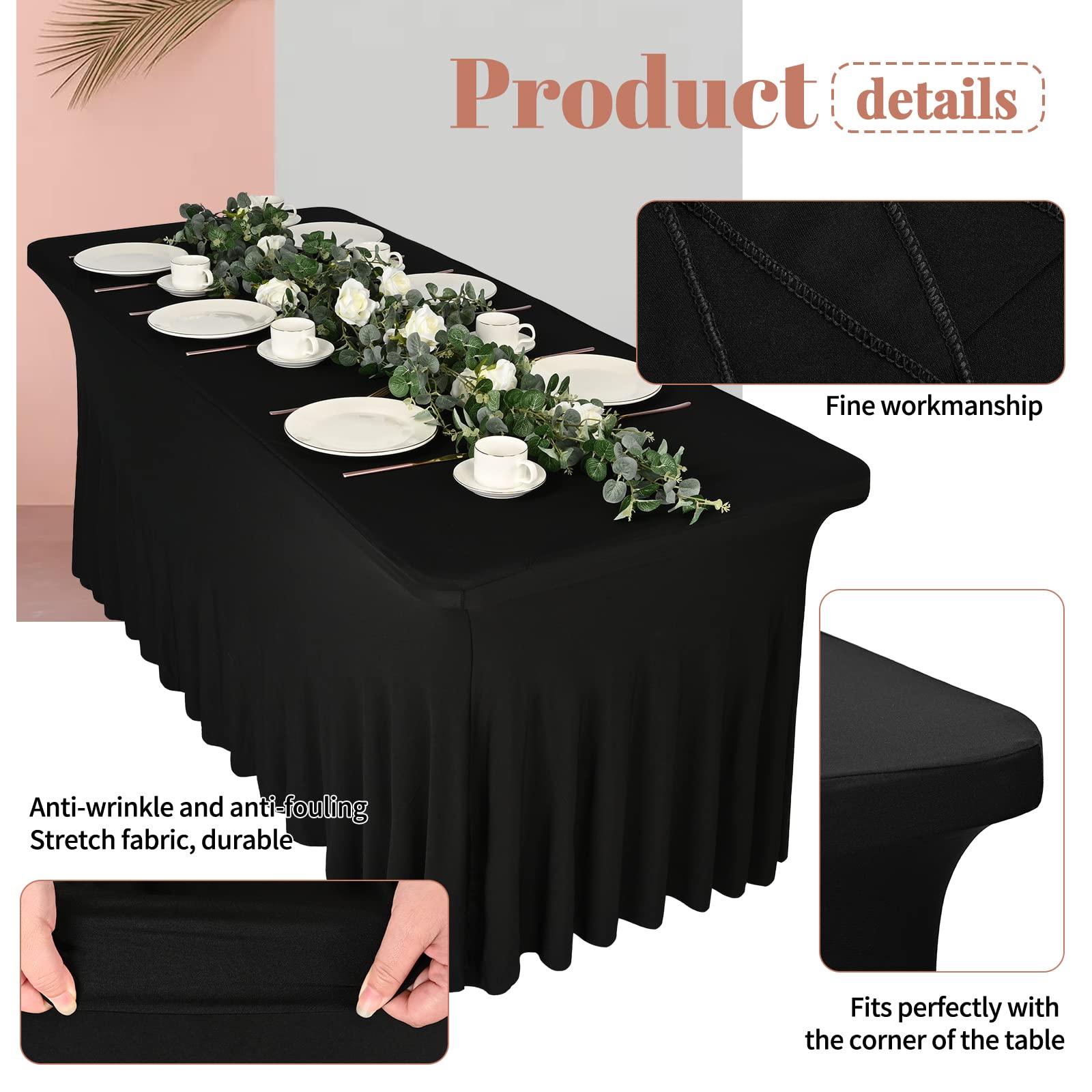3 Packungen Spandex-Tischröcke, 182 x 76 cm, Stretch-Tischdecke für rechteckige Tische, knitterfreie Tischdecke mit Rock, Spandex-Tischdecke, Tischrock für Hochzeitsbankette, Messen, Schwarz