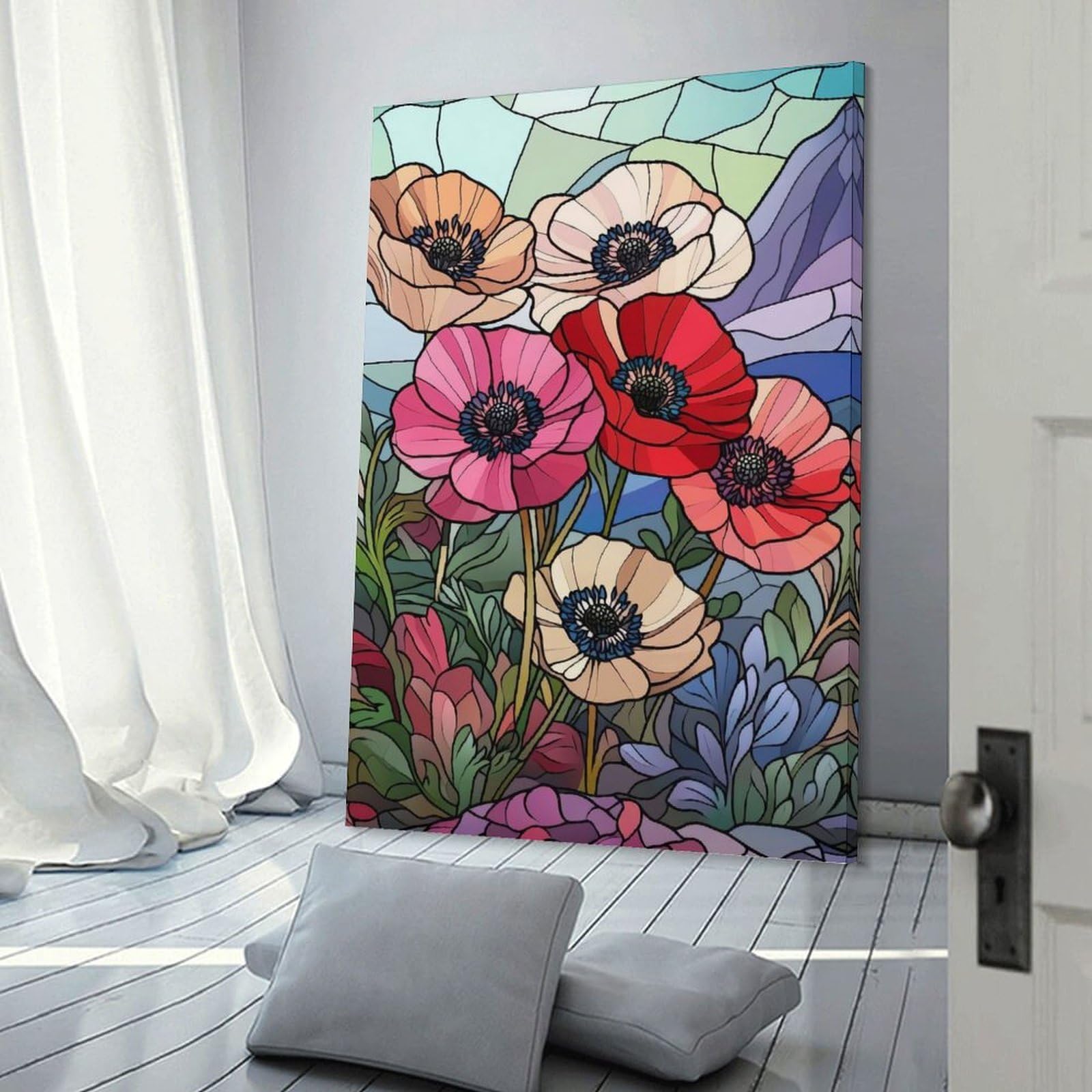 Junmoney Stained Glass Poppies Decorative Canvas Print 24x36inch(60x90cm), for Flats, Guest Rooms Or Compact Rooms, Home Artwork for Modern Interiors