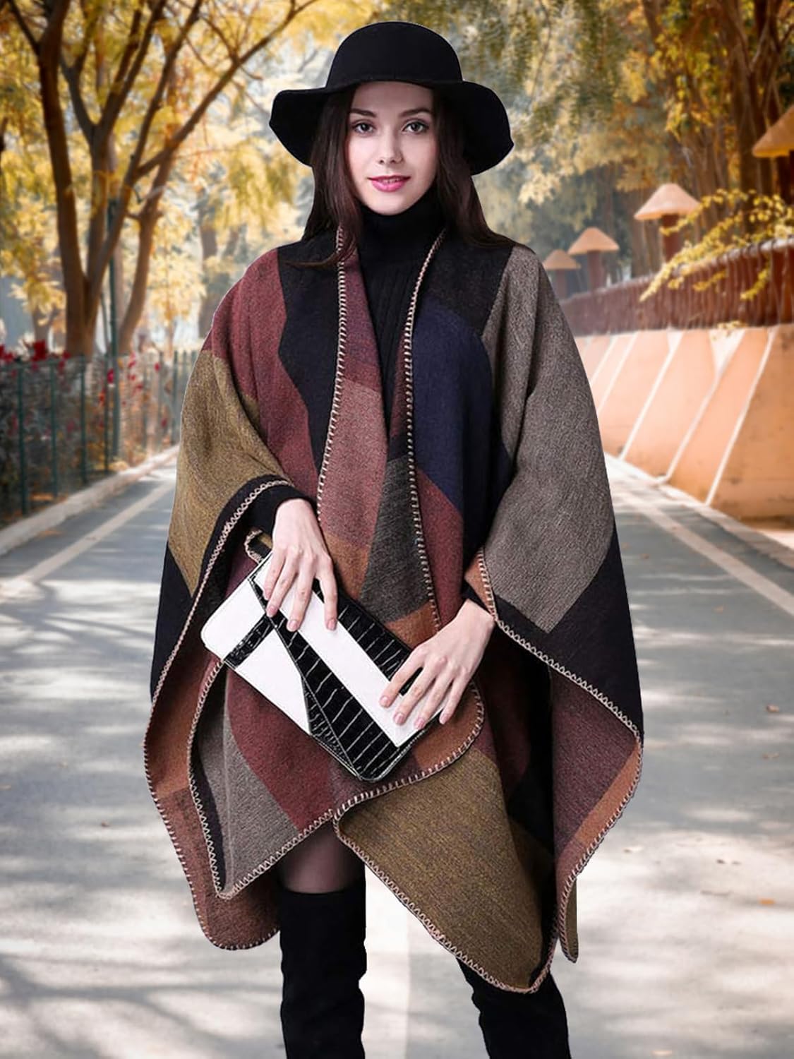 KirGiabo Women's Plaid Sweater Poncho Cape Coat Open Front Blanket Shawls and Wraps - Image 4