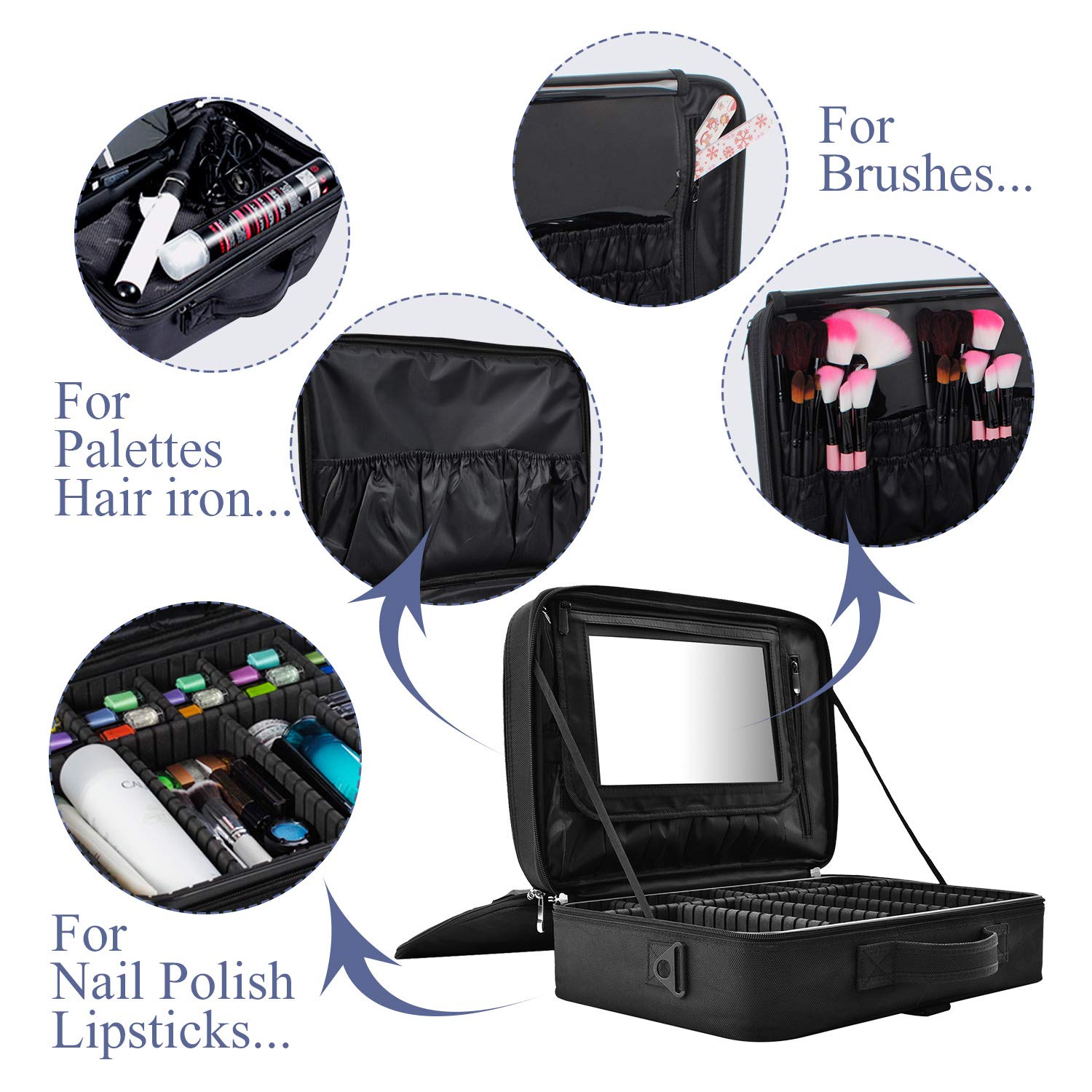 Grande borsa per il trucco, da viaggio, con scomparti regolabili, custodia per il trucco professionale, scatola per il trucco, kit per il trucco, kit per il trucco, kit per capelli con una cinghia a