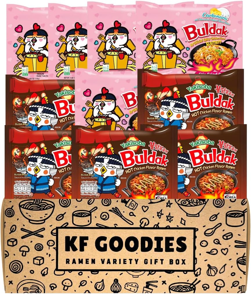 Korean Ramen Variety Pack Gift Box (10 Count) – Spicy Buldak Noodle Assortment for Birthdays, College Care Packages, Office Snacks, and Gift Baskets