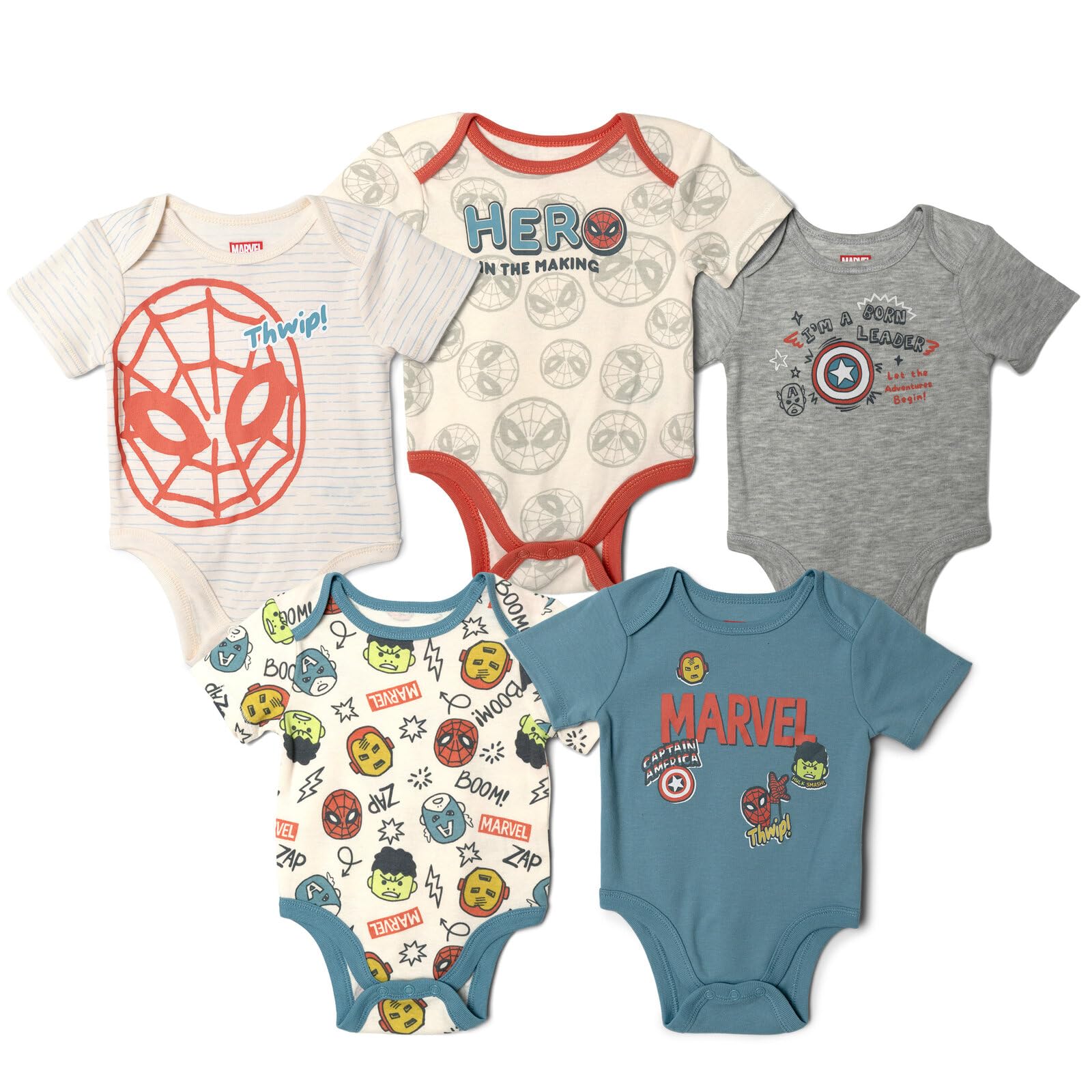 Marvel Avengers Baby-Bodys, Neugeborene bis Säuglingsgrößen (Neugeborene - 24 Monate), Creme/Blau/Grau, 24 Monate, 5er-Pack