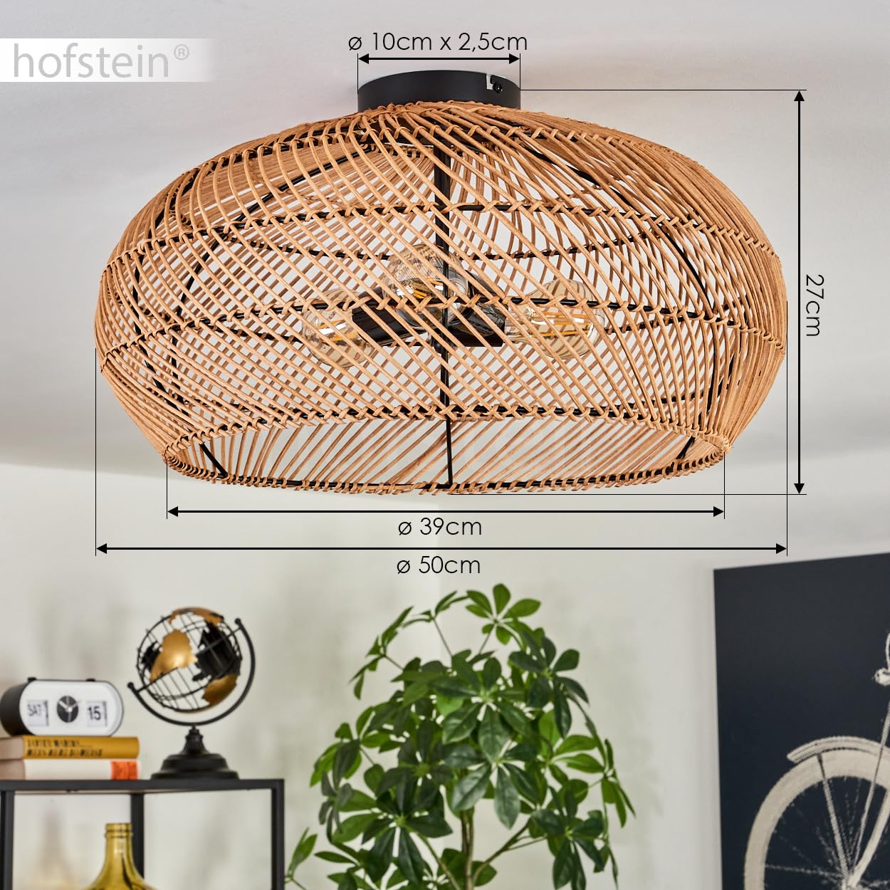 Lampa sufitowa Brandala, nowoczesna lampa sufitowa z metalu/rattanu w kolorze czarnym/naturalnym, lampa sufitowa w stylu boho ze wspaniałym efektem świetlnym na suficie, Ø 50 cm, 3-żarówkowa, 3 x E27,