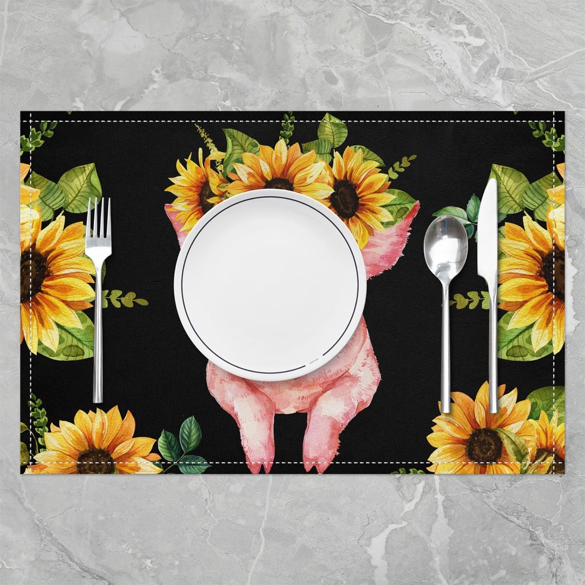 Pig Placemats Set of 4 45X30cm Kids Farmhouse Sunflower Placemats for Dining Table Indoor Outdoor Kitchen for Girls Boys Cute Farm Animal Floral Table Mats Placemat Pink Pig Kitchen Dining Table - Image 2
