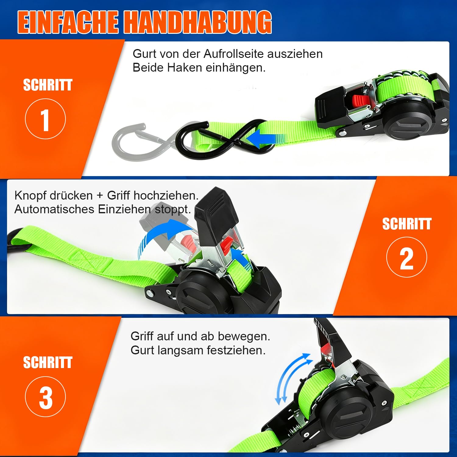 Correas de trinquete autoenrollables 3m x 25mm | 4 Piezas con Ganchos en S, 750kg Carga de Rotura | Cnchas de Amarre automáticaspara Moto, Remolque, camión - Verde