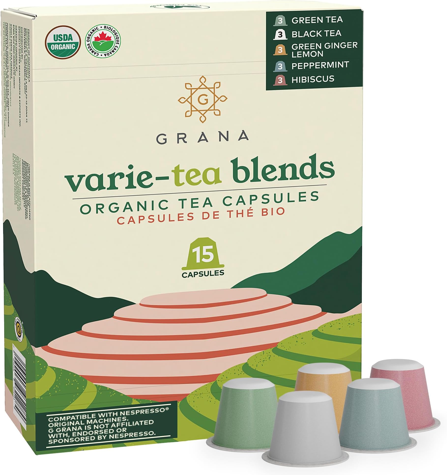 G GRANA Tea Pods, Compatible with Nespresso OriginalLine, 15 Count, Variety Pack of Green Tea, Black Tea, Green Ginger Lemon, Peppermint, and Hibiscus Teas, USDA Organic, Single Serve Capsules