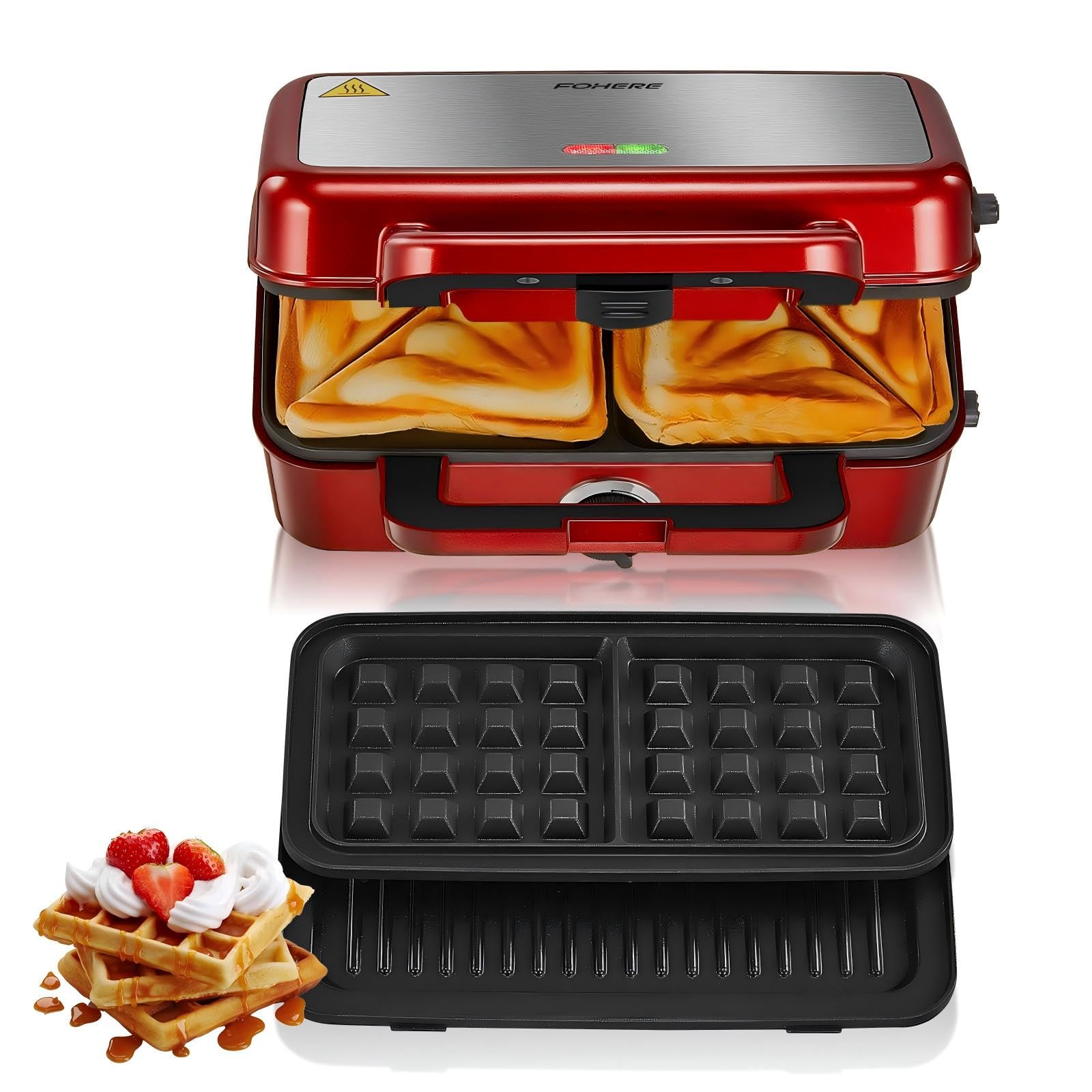 Toster 1200W, opiekacz do kanapek/grill/gofrownica 3 w 1, 5-biegowa regulacja temperatury, powłoka nieprzywierająca, uchwyt zapobiegający oparzeniom, czerwony