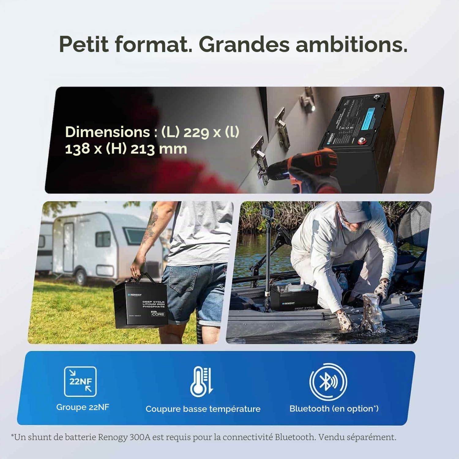 Renogy 12V 100Ah Core Mini LiFePO4 Batterie Lithium-Fer-Phosphate, BMS Amélioré 100A, 5000 Cycles, Fonction de Protection Antigel, Batterie Lithium pour Camping-Car, Système Solaire, Caravane, Bateau