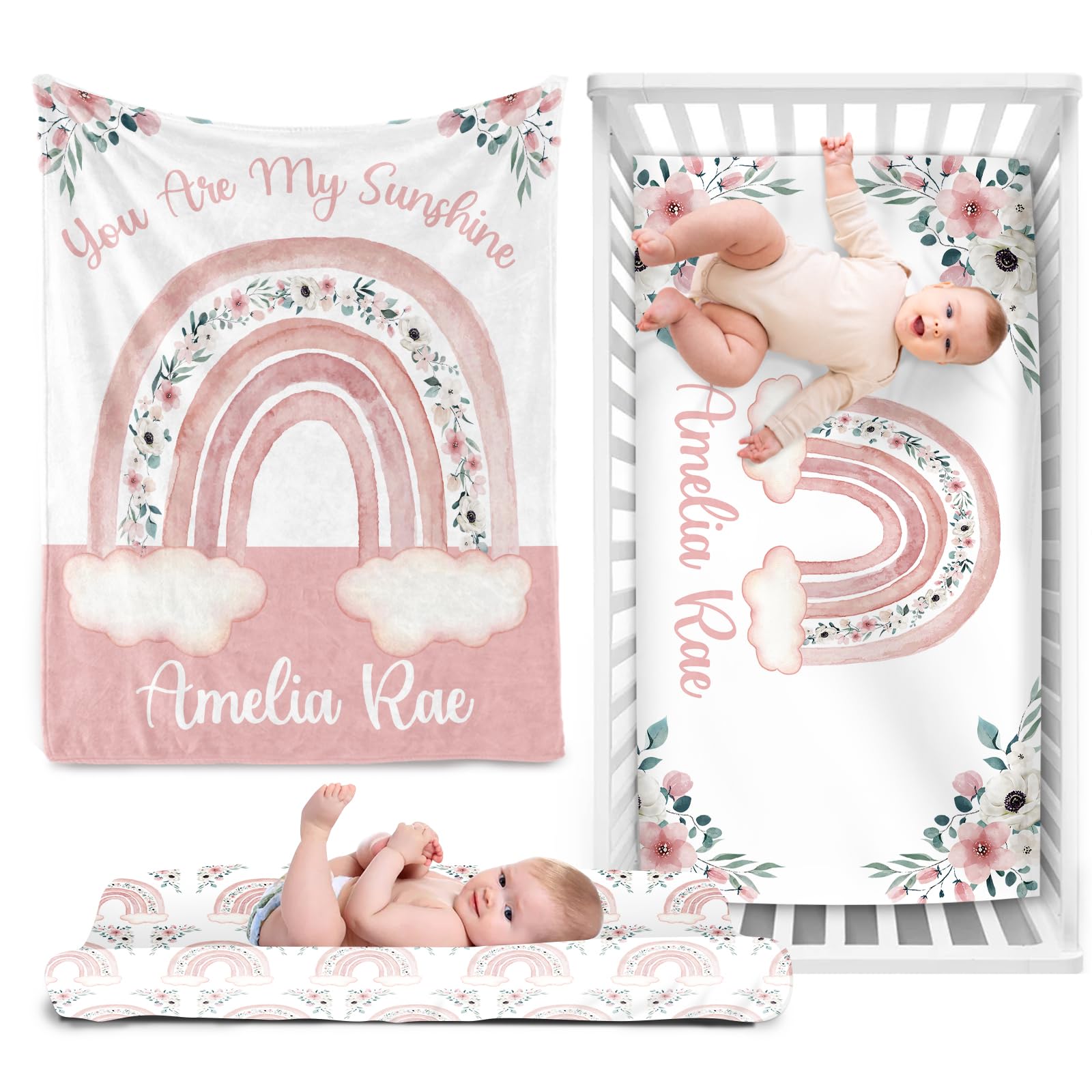 Duckbe Personalized Girl Crib Bedding Set for Infant Baby: Custom Name Nursery Decor Flower Rainbow Pink Baby Blanket Fitted Crib Sheet Changing Pad Cover 3 Pcs(Fixed Size)