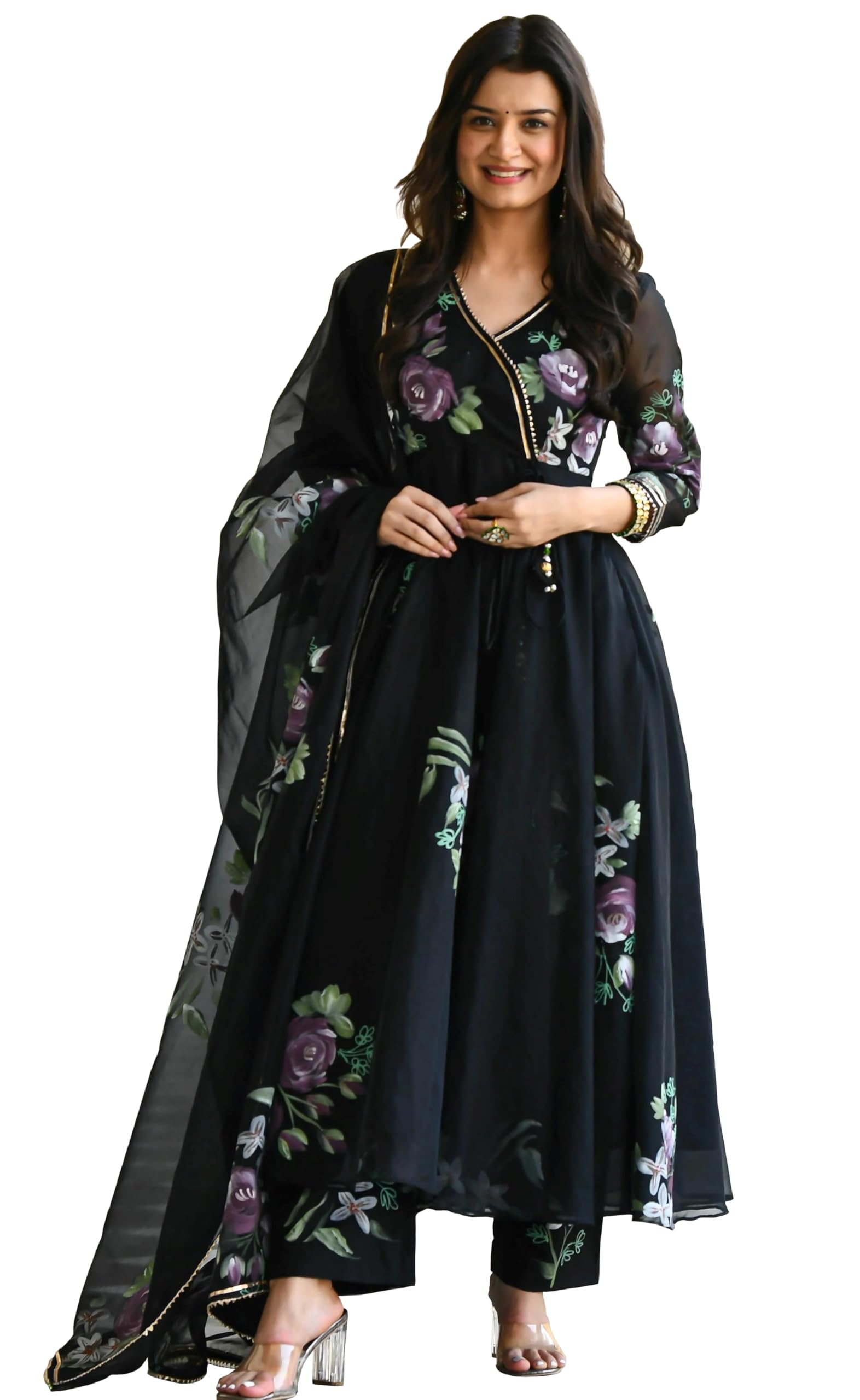 Sugathari Women's Georgette Anarkali Floral Printed Kurta with Pant & Dupatta (Dress 113)