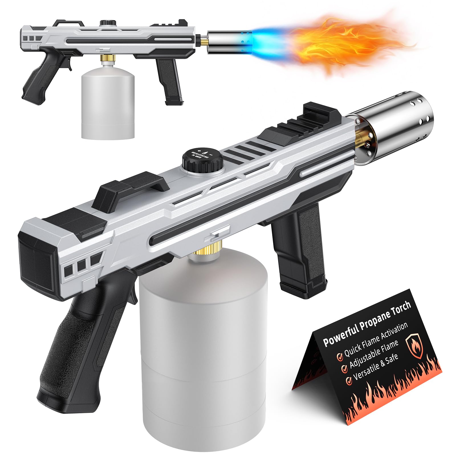 Verstellbarer Flammenwerfer, leistungsstarker Propanbrenner aus Silber für Küche, Grill & Steak-Anbraten, KohleanZünder (ohne Gasflasche)