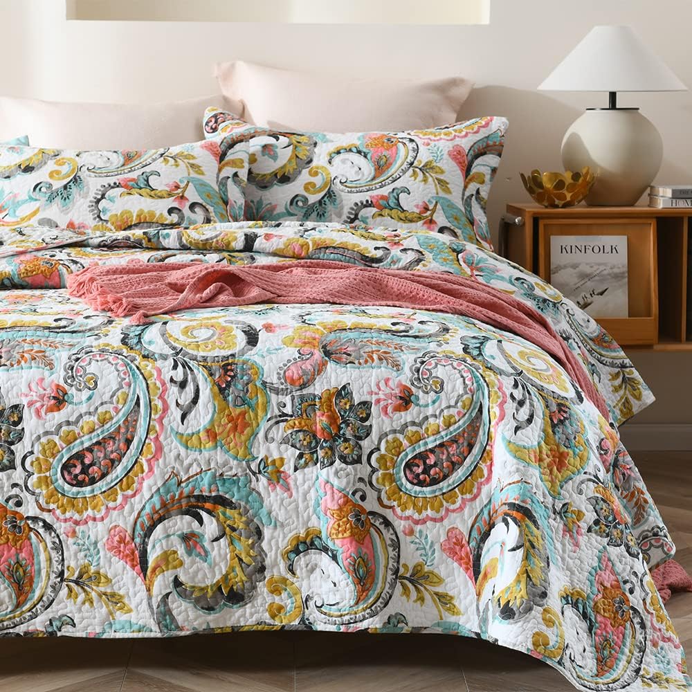 Cotton Bedspread Quilt Sets Reversible Bedding Coverlet Sets Comforter Paisley Floral Bedspread (White Paisley Floral, Queen Size) | Breathable material, Cotton bedspread, Reversible coverlets, Jacquard stitching, Vintage paisley, Machine washable - Image 2
