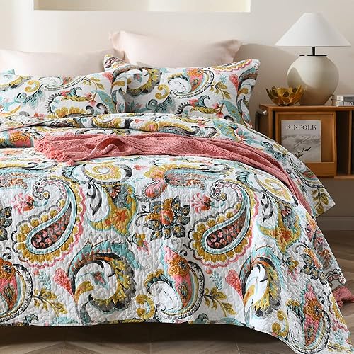 Miniatura 2 de VISIMISI Juego de colcha de algodón reversible, juego de colcha de cachemira floral (blanco cachemira floral, tamaño King)