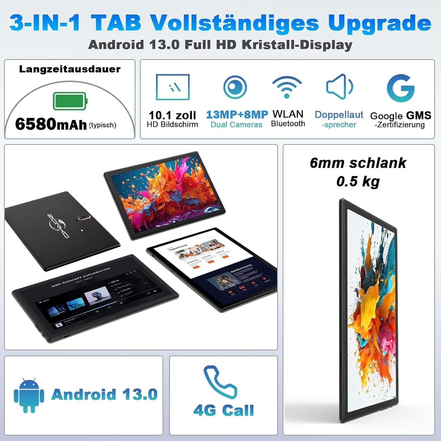 Tablet 10 Pollici Tablet con Sim Slot 4G LTE Tablet con Tastiera e Penna Tablet in offerta 64GB ROM 512GBTF Android 13 Tablet PC, Octa-Core/13MP /1080PFHD/6000mAh, GPS Bluetooth WiFi GPS OTG, Nero