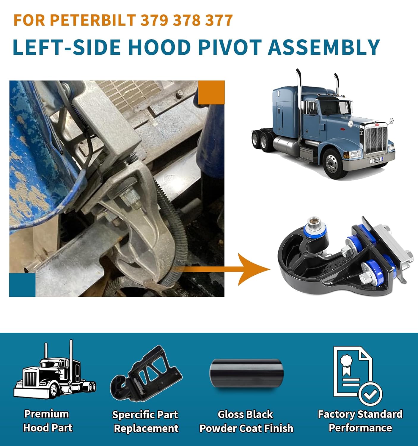 Replacement Parts M13-04708L, 13-04708L for Peterbilt Hood Hinges Accessories, Left-Side Hood Pivot J Mount Comes with Bushings and Bolts