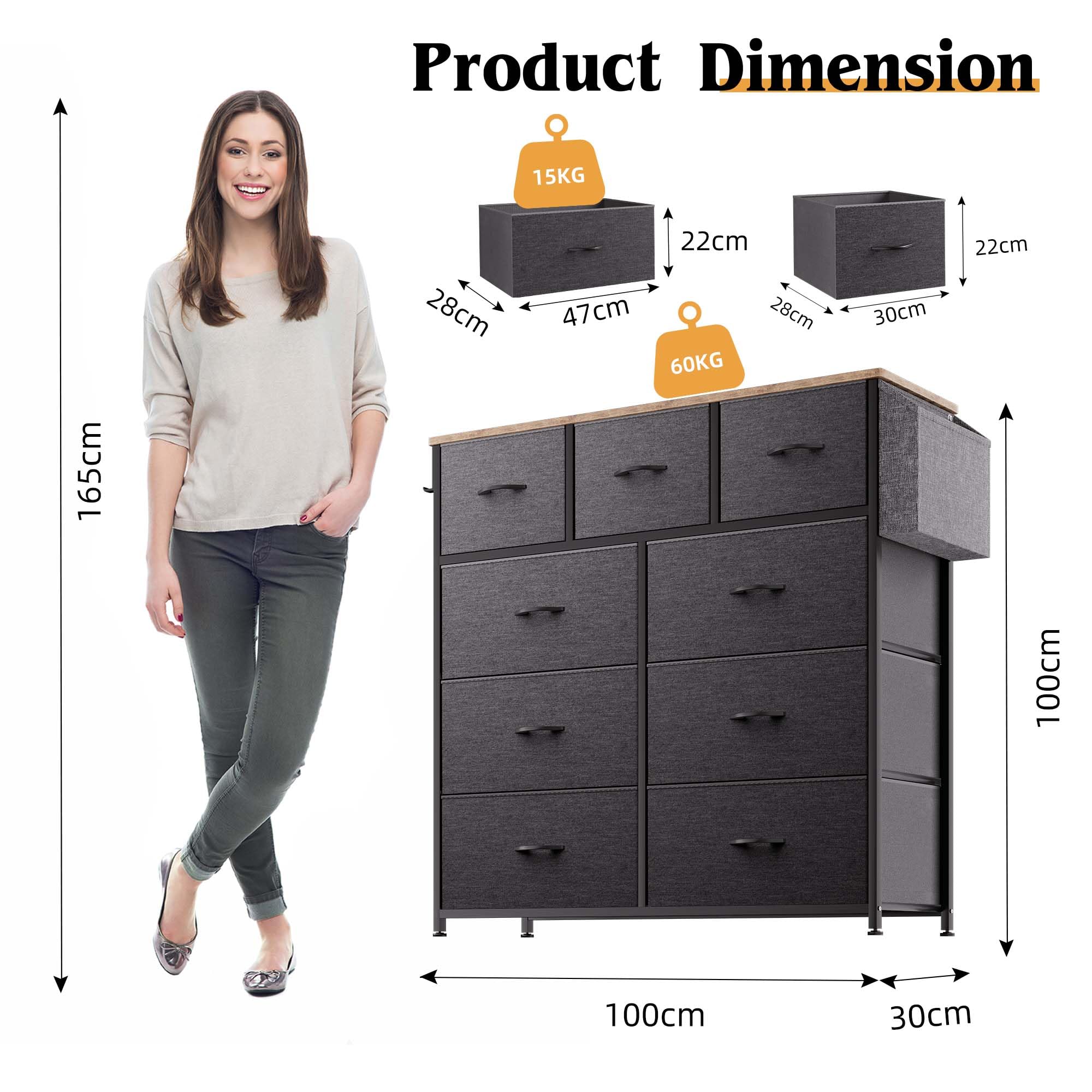 Commode en Tissu – Meuble de Rangement en Toile, 9 Grands Tiroirs, Étiquettes, Poche Latérale et Crochet, pour Salon, Couloir, Chambre