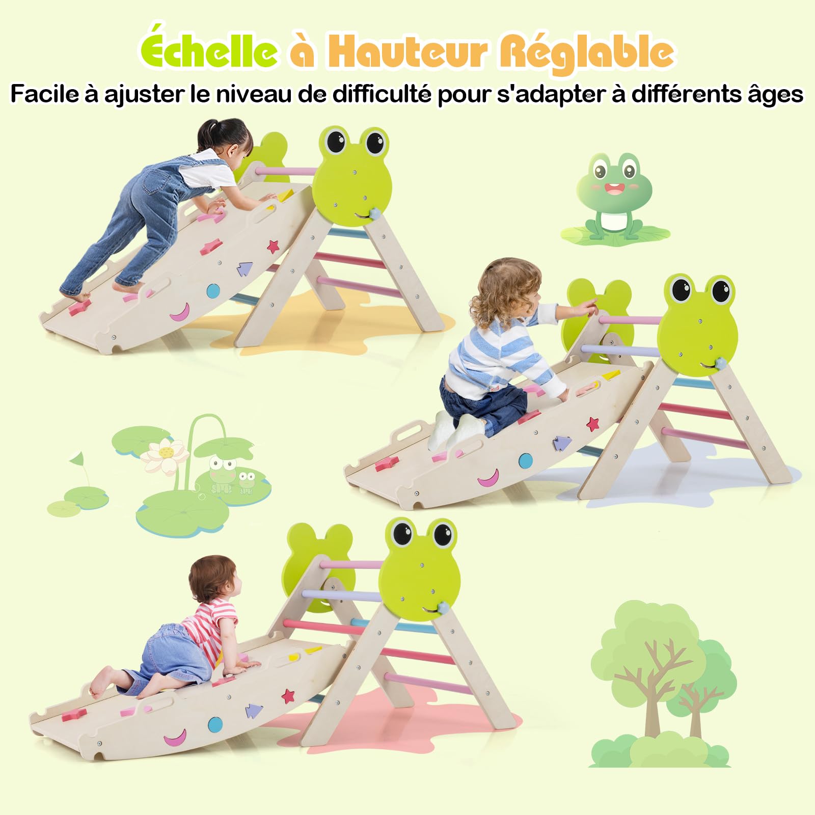 COSTWAY 7 en 1 Triangle d'escalade Enfant Pliable sur Thème Grenouille avec Rampe & Échelle, Arche d'escalade Montessori en Bois Hêtre avec 10 Blocs & Labyrinthe, Aire de Jeux Intérieur pour 1 an+