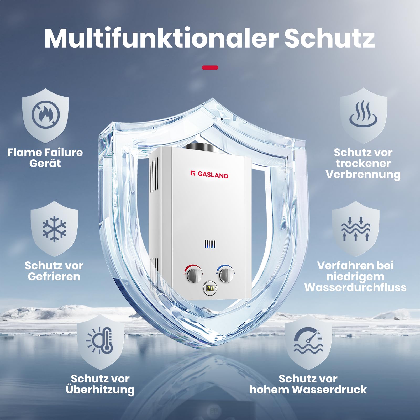 GASLAND BE264 Gas Durchlauferhitzer Propangas 10 Liter Camping Durchlauferhitzer Gastherme 50mbar Campingdusche Warmwasser mit Überhitzungsschutz für Wohnmobil Hütte Scheune