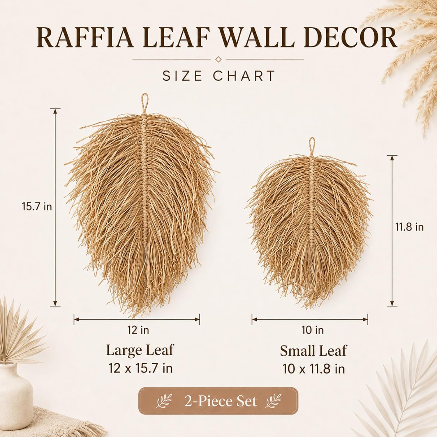 2 Pcs Boho Wall Hanging Decor, Boho Wall Basket Decor Style Woven Leaf Natural Raffia Palm Leaf for Bedroom Living Room Nursery Bathroom Farmhouse Home Art Decorations