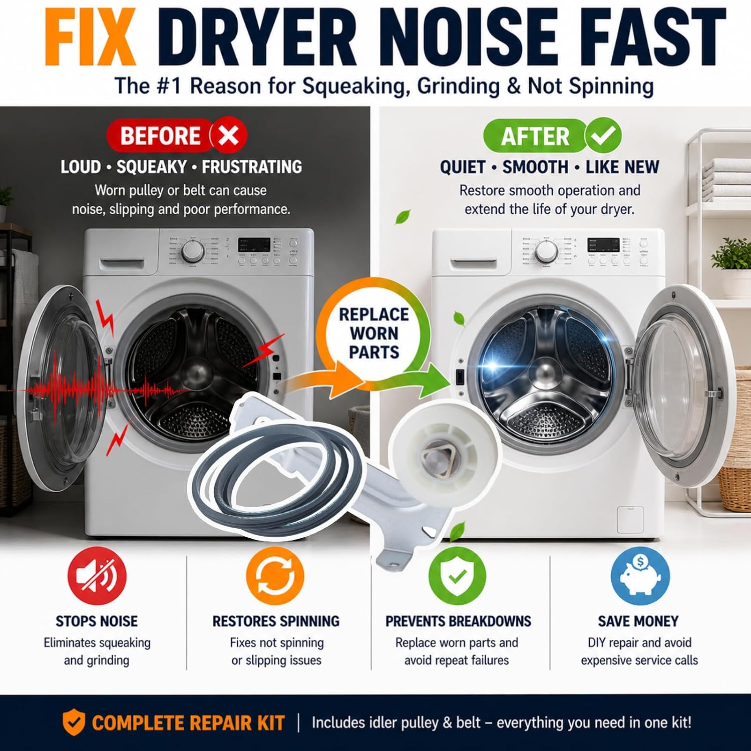 W10547292 Dryer Idler Pulley Repair Kit Compatible with Whirlpool Maytag Kenmore – Includes 8544742 Belt – Fix Squeaking Noise & Not Spinning Issues