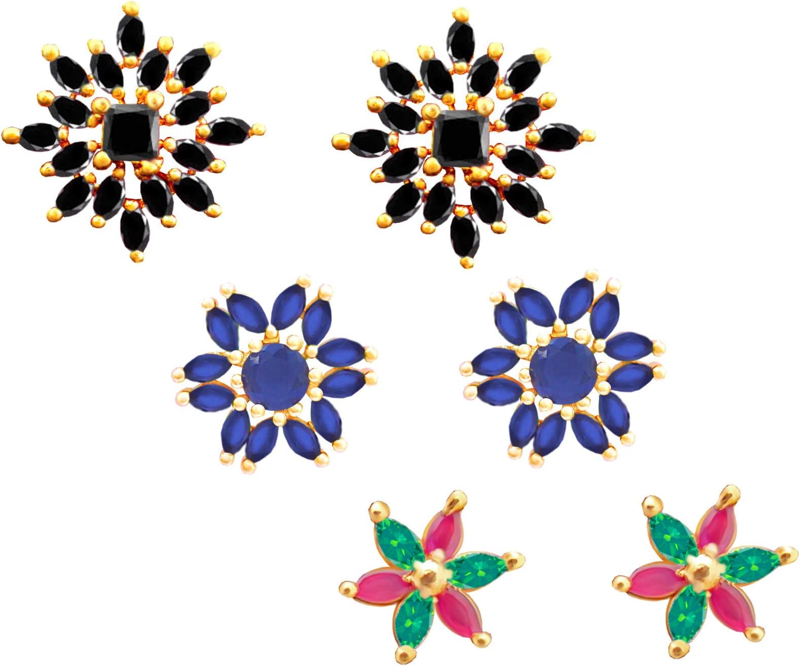 oh wow Red 1 gram gold American diamond stud earrings pack of 3 for women