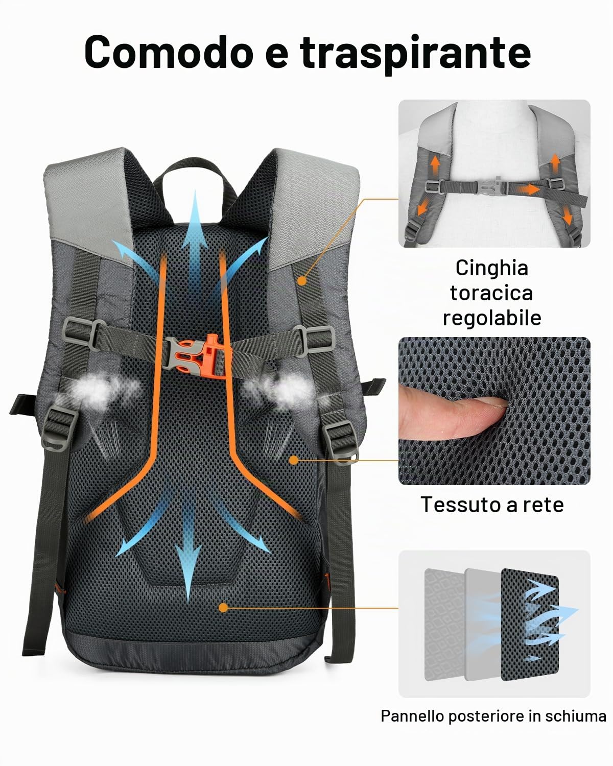 15L Zaino Trekking Uomo Donna, Zaino Escursionismo Piccolo con Striscia Riflettente, Zaini Sportivo Multitasche per Viaggio Campeggio, Grigio