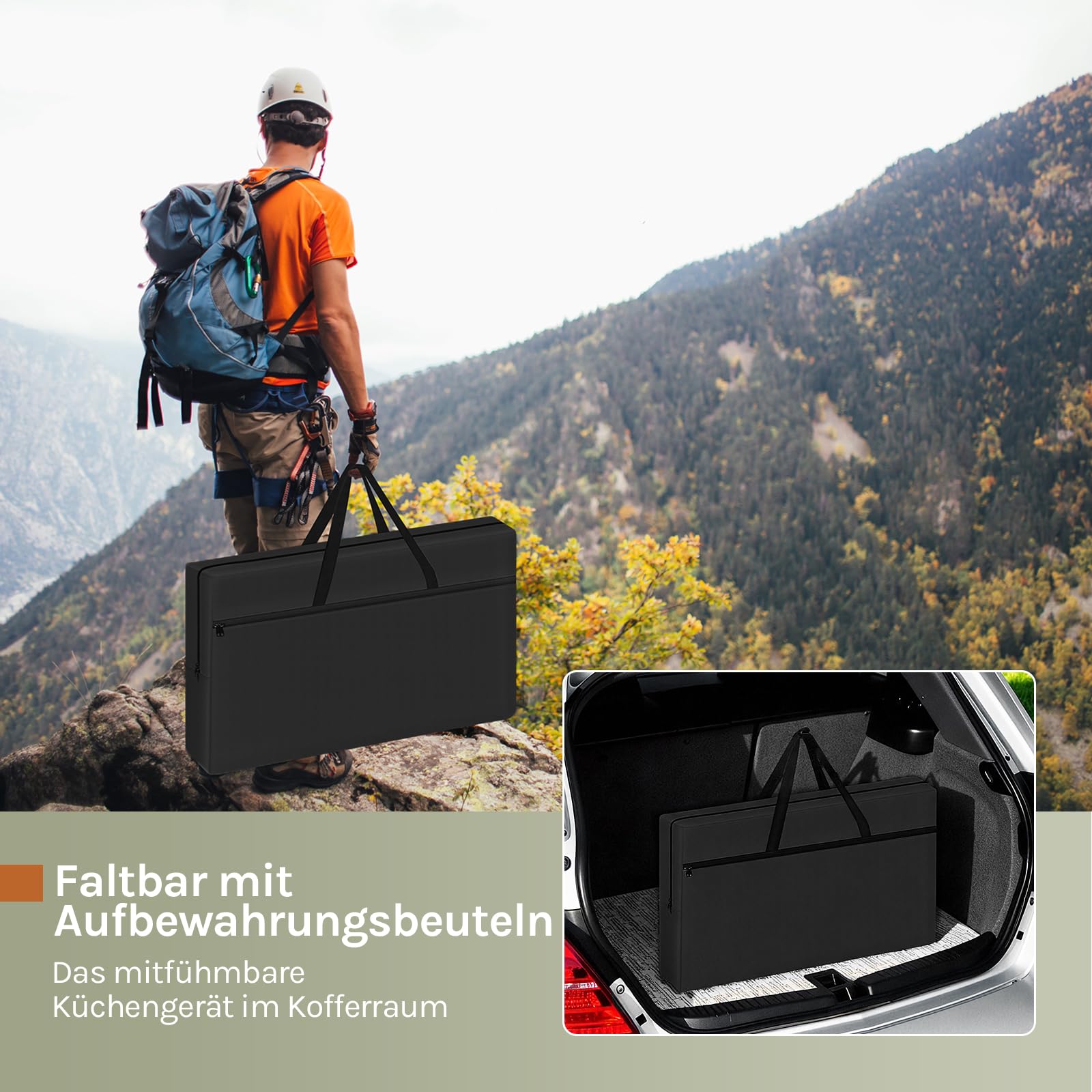 WOLTU Campingküche, Campingschrank faltbar, Outdoor Küche mit Arbeitsplatten Staufächern, Camping Tisch, Reiseküche, inkl. Tragtasche, Aluminium MDF, Schwarz