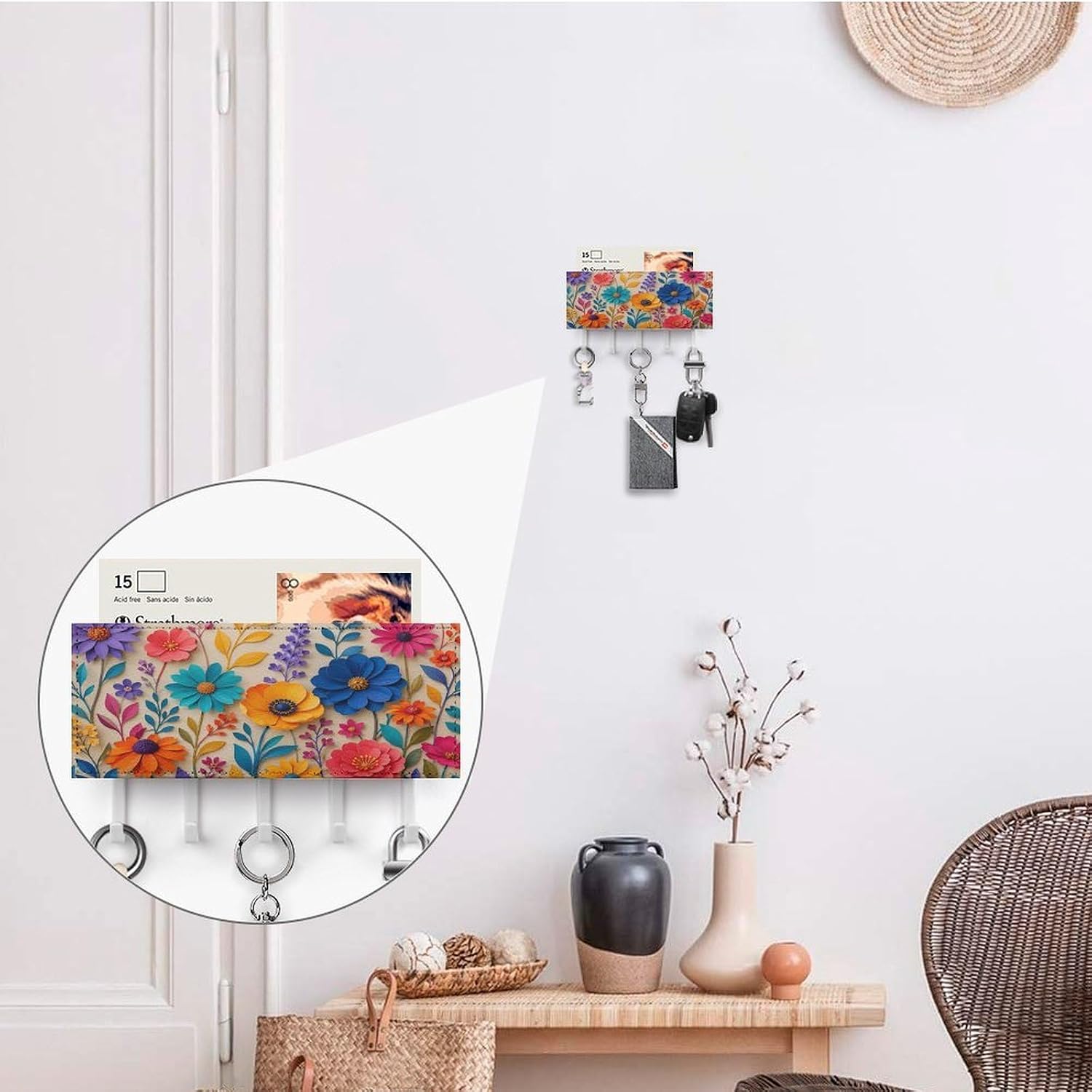 Paper Flowers Colorful PU Leather Wall Mounted Key Holder with 5 Hooks, Mail Organizer for Entryway Front Door Hallway Home Office Kitchen image 4