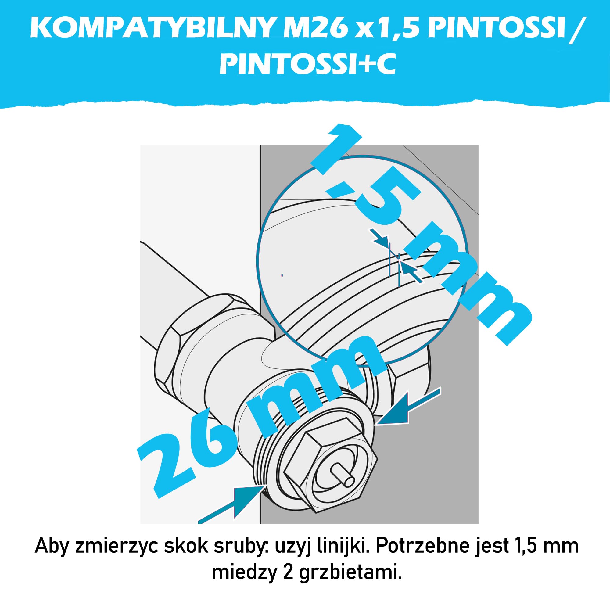 Metalowy adapter kompatybilny z Pintossi/Pintossi+c (Prototyp) chłodnicy do M26x1,5 dla termostatu/głowicy termostatycznej M30x1,5 męski