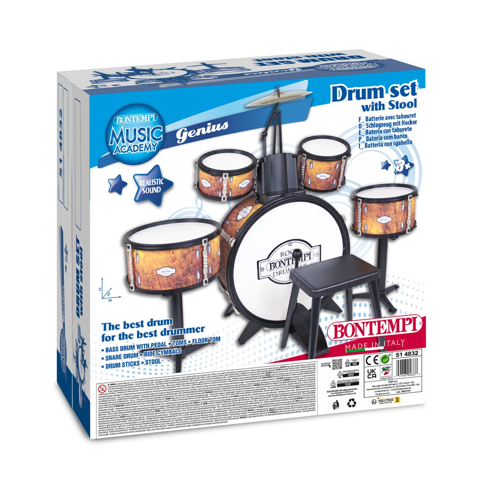 Bontempi | BeatMaster Pro: Batteria per Piccoli con Suoni Realistici e Tanto Divertimento, Arancione, 850x650x680 mm