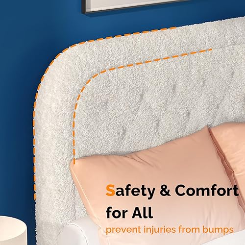 Miniatura 6 de VINGLI Base de cama individual para niños, cama de plataforma tapizada Boucle con cabecera ajustable, soporte de listones de madera resistente, cama